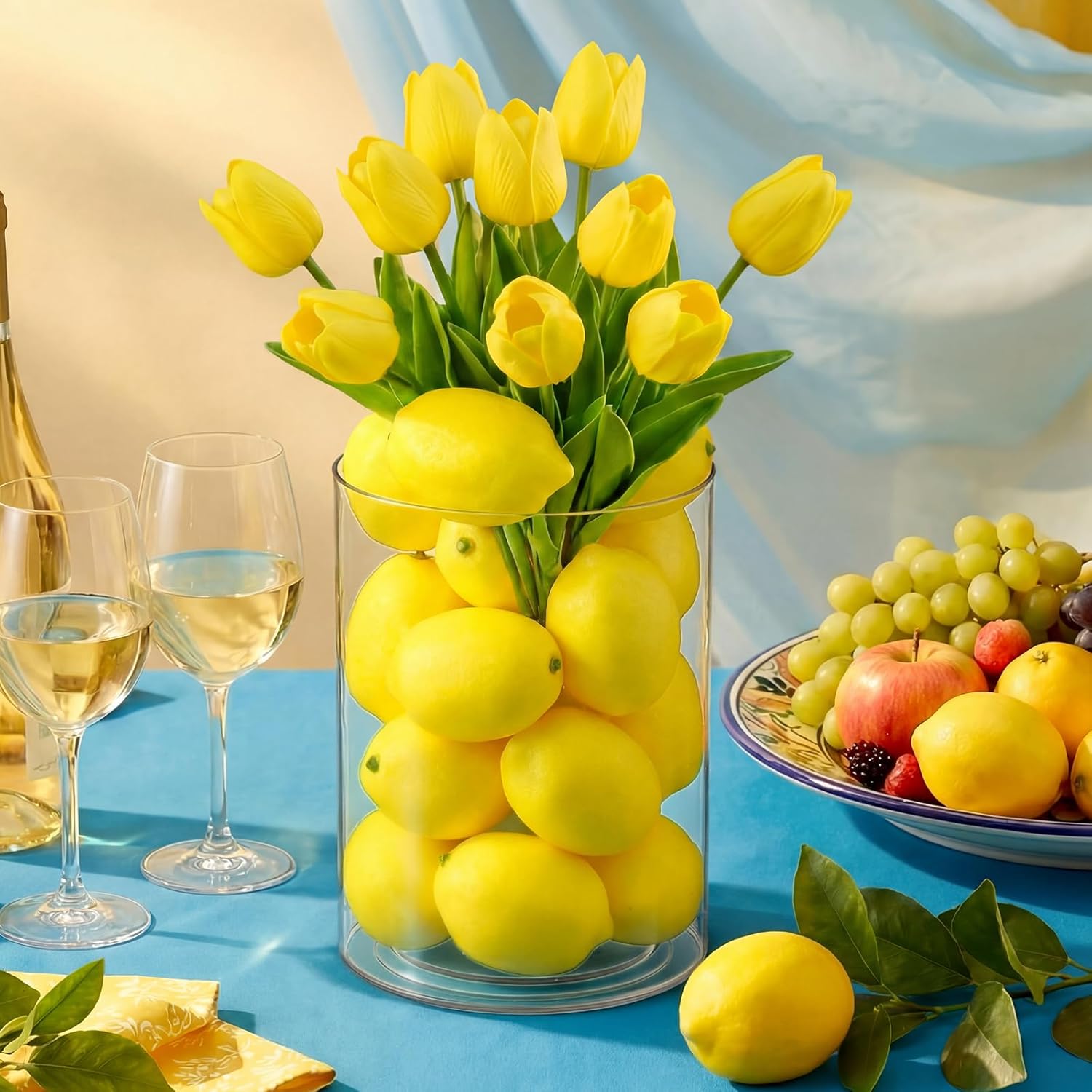 Suncalla 25 Pcs Lemon Vase Filler Decorations Kit, Artificial Lemon Yellow Tulip Table Centerpiece, Long Stem Floral Decor for Farmhouse Home Kitchen Wedding Spring Summer Decoration