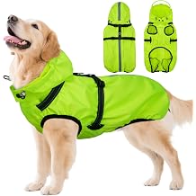 Dog Raincoats for Large Dogs with Hood, Waterproof Dog Rain Jacket with Adjustable Built-in Harness & Back Zipper, Reflective Strip, for Rainy Walks, Muddy Roads - Fluorescent Green L