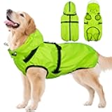 Dog Raincoat for Extra Large Dogs with Hood, Waterproof Dog Rain Jacket with Adjustable Built-in Harness & Back Zipper, Reflective Strip, for Rainy Walks, Muddy Roads - Fluorescent Green XXXXL