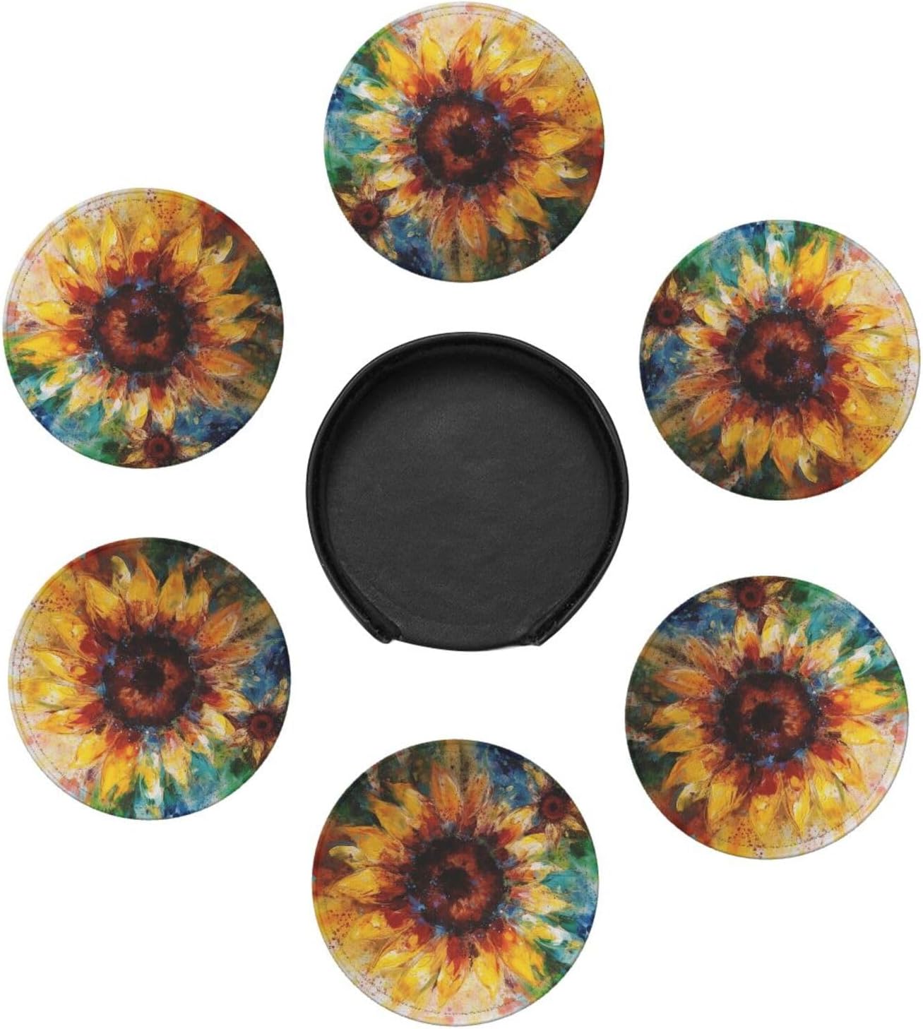Abstract Sunflower Multicolor Leather Coasters Set of 6 with Holder image 5