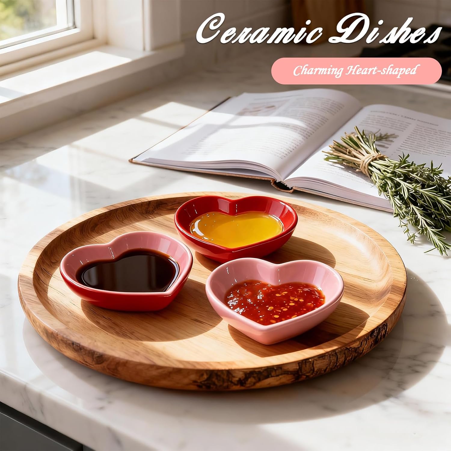 Porcelain Sauce Dish,Ceramic Heart-Shaped Dip Bowls for Weeding Party, 1.5oz Ceramic Ring Dishes Candle Tray, Seasoning Dishes Appetizer Plates (Pink)