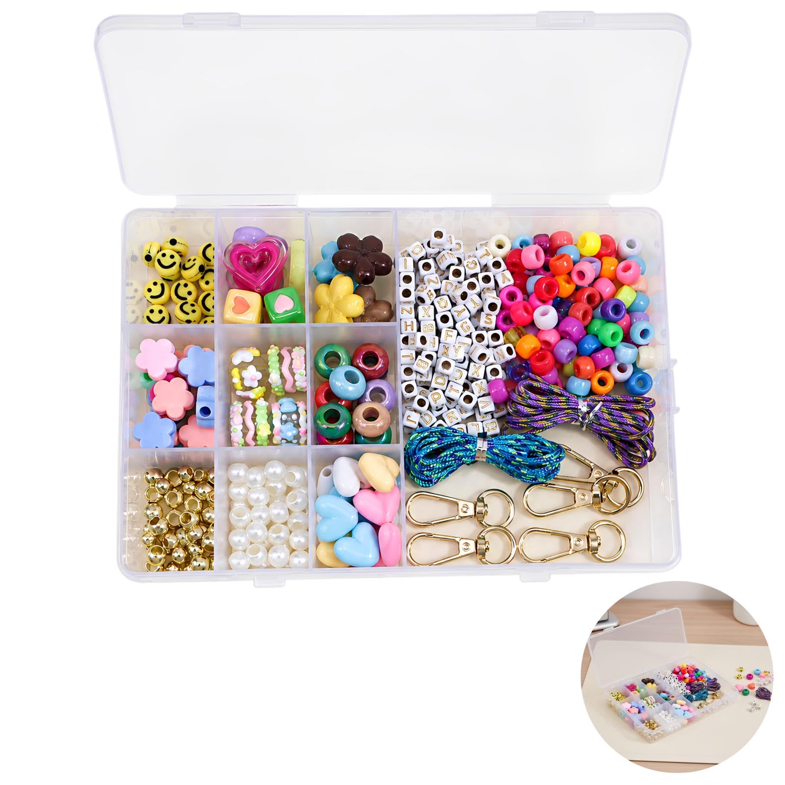 448-teiliges Schlüsselanhänger-Bastelset, DIY-Schmuckset mit Smiley-, Herz- und Buchstabenperlen für Weihnachtsgeschenke, Perlen-Keychain-Set mit 10-Fächer-Aufbewahrungsbox