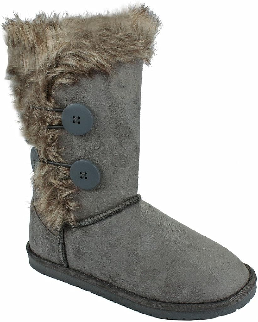 AMY Women Wooden Button Faux Fur Lined Shearling Mid Calf Winter Boots