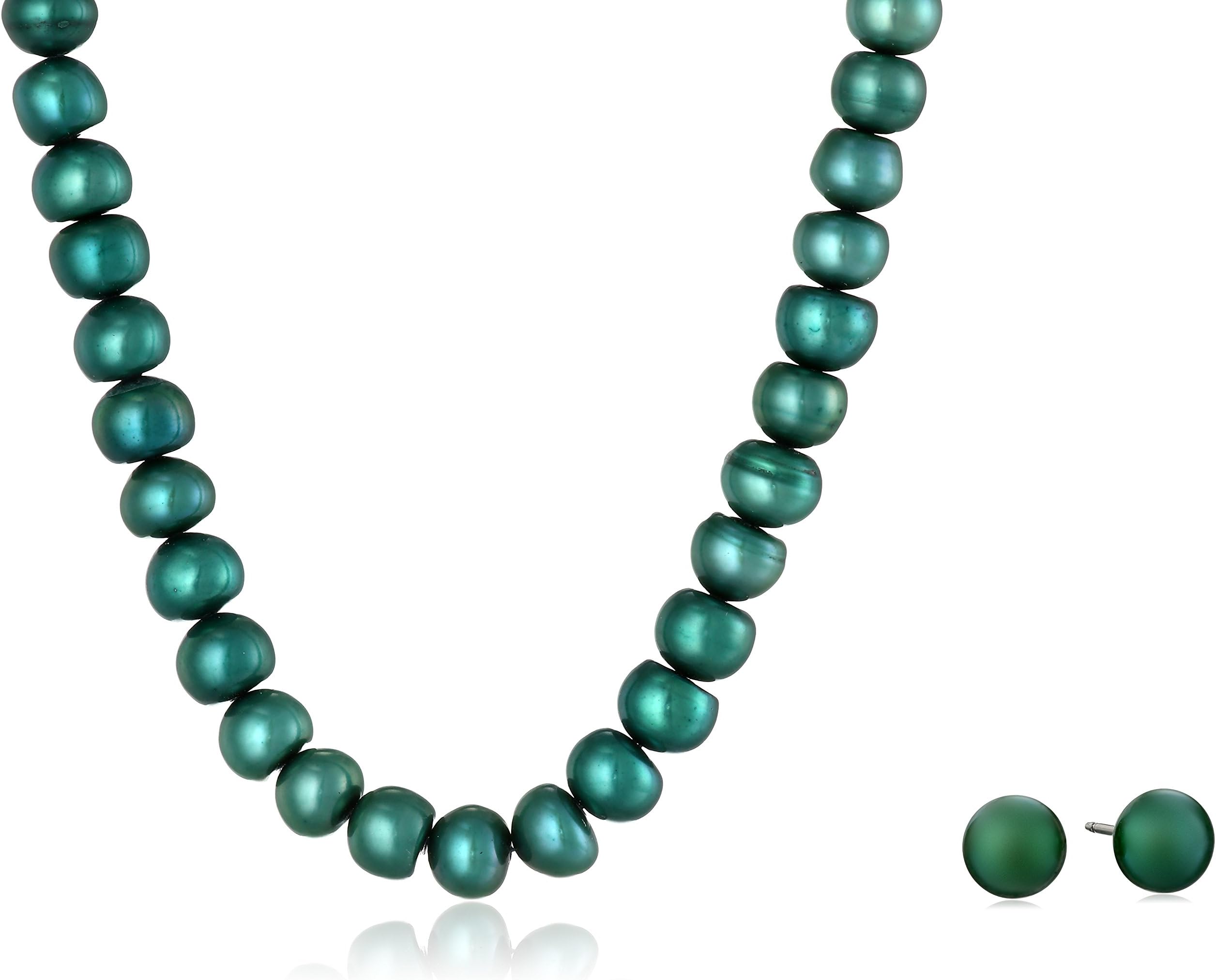 Amazon Collection Freshwater Cultured Button Pearl Necklace and Stud Earrings Set with Stainless Steel Clasp (6-7mm), 18" with 2" Extender