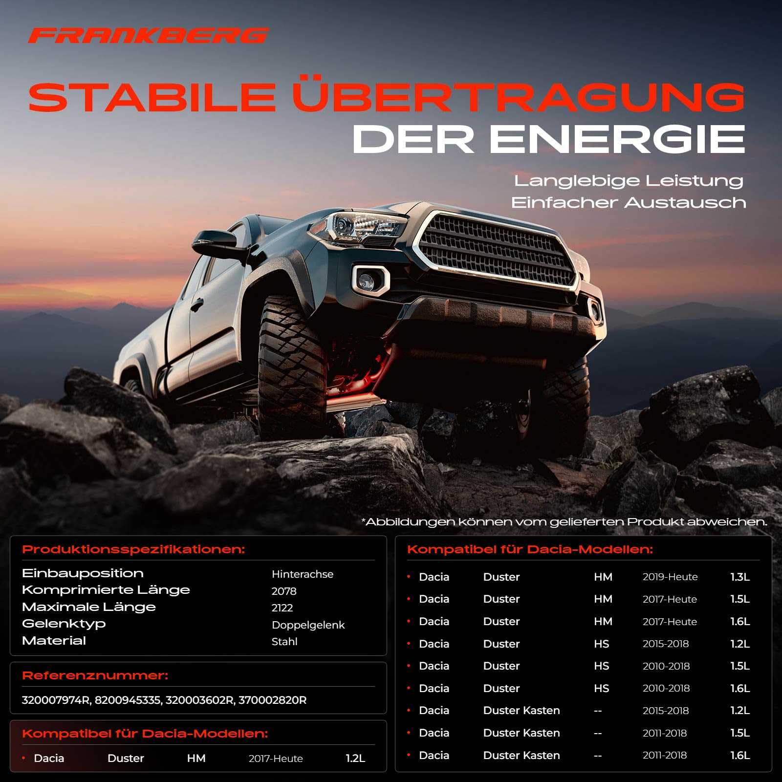 Rear Cardan Shaft Compatible with Duster HM HS Duster Box 1.2L 1.5L 1.6L  Petrol 2011-Present 8200945335 : Amazon.de: Automotive