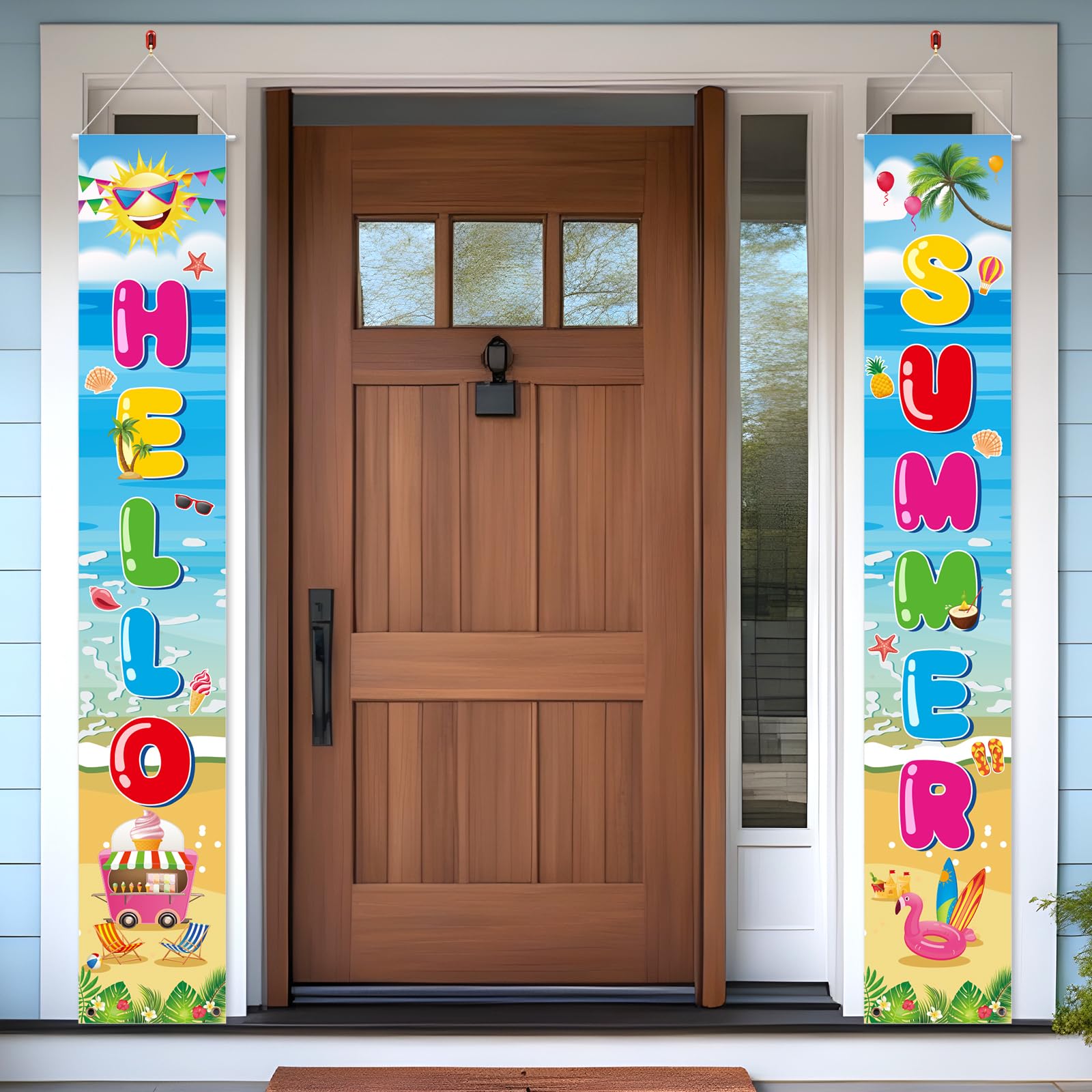 Photo 1 of 2pcs Hello Summer Door Banner, 71 x 12 Inch Hello Summer Door Backdrop Congrats Grad Party Inside Outside Decorations Porch Banner for Office School Indoor Outdoor