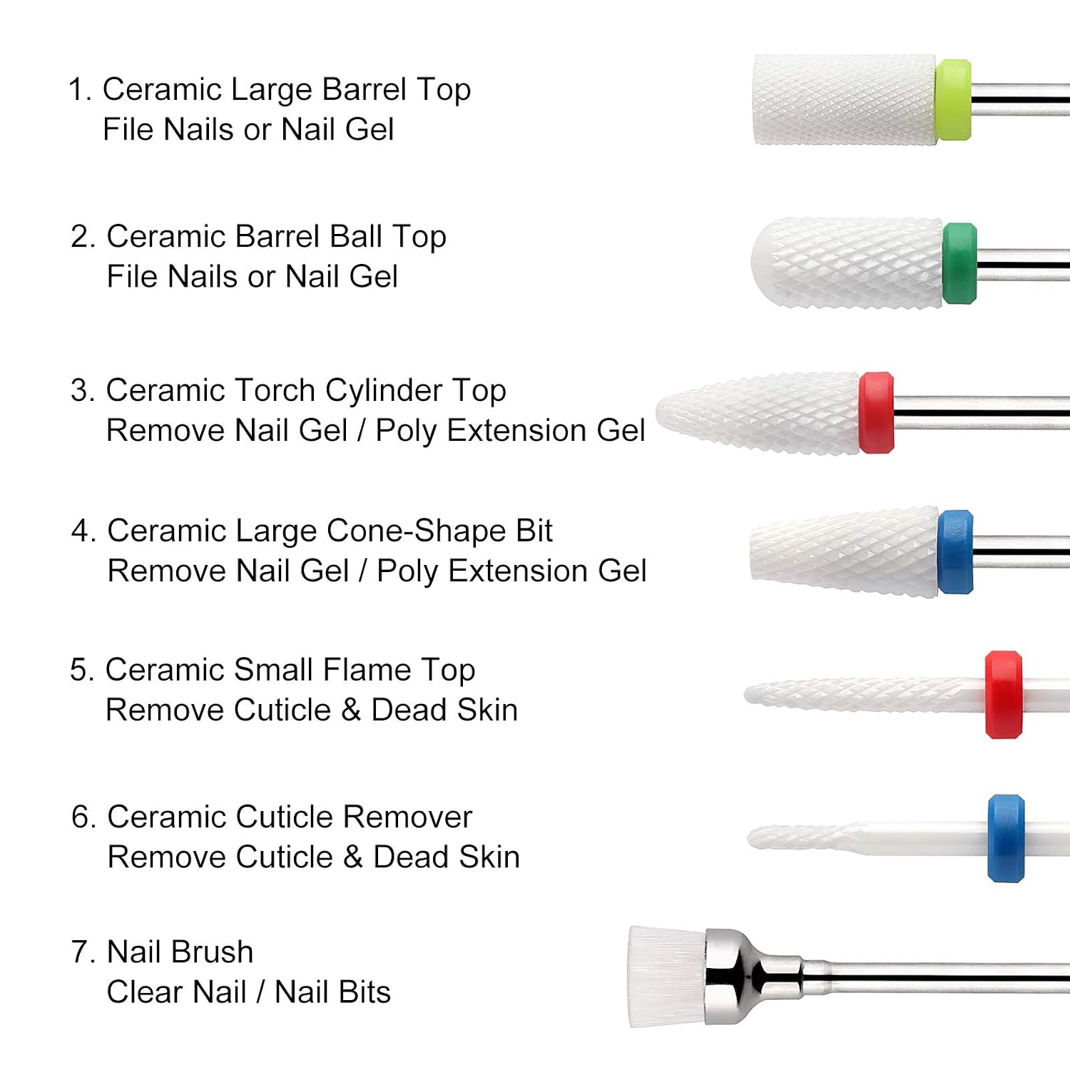 GreenLife 7pcs Nail drill bits kit set, 3/32" Shank Ceramic Bits Electric Nail Drill Machine heads kit set Grinding Burr Cutters for Pedicure Manicure Nail Cuticle E Files Tools Professional nail art