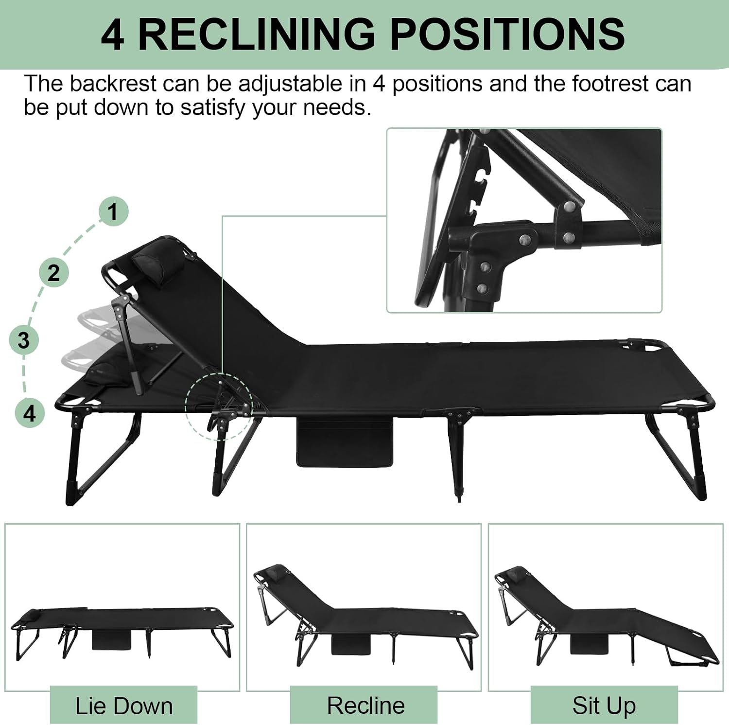 Foldable Camping Cots for Adults, Adjustable 4-Position Adults Reclining Folding Chaise, Outdoor Portable Folding Lounge Chair Sleeping Cots Bed with Pillow Mattress Carrying Bag for Camping, Pool