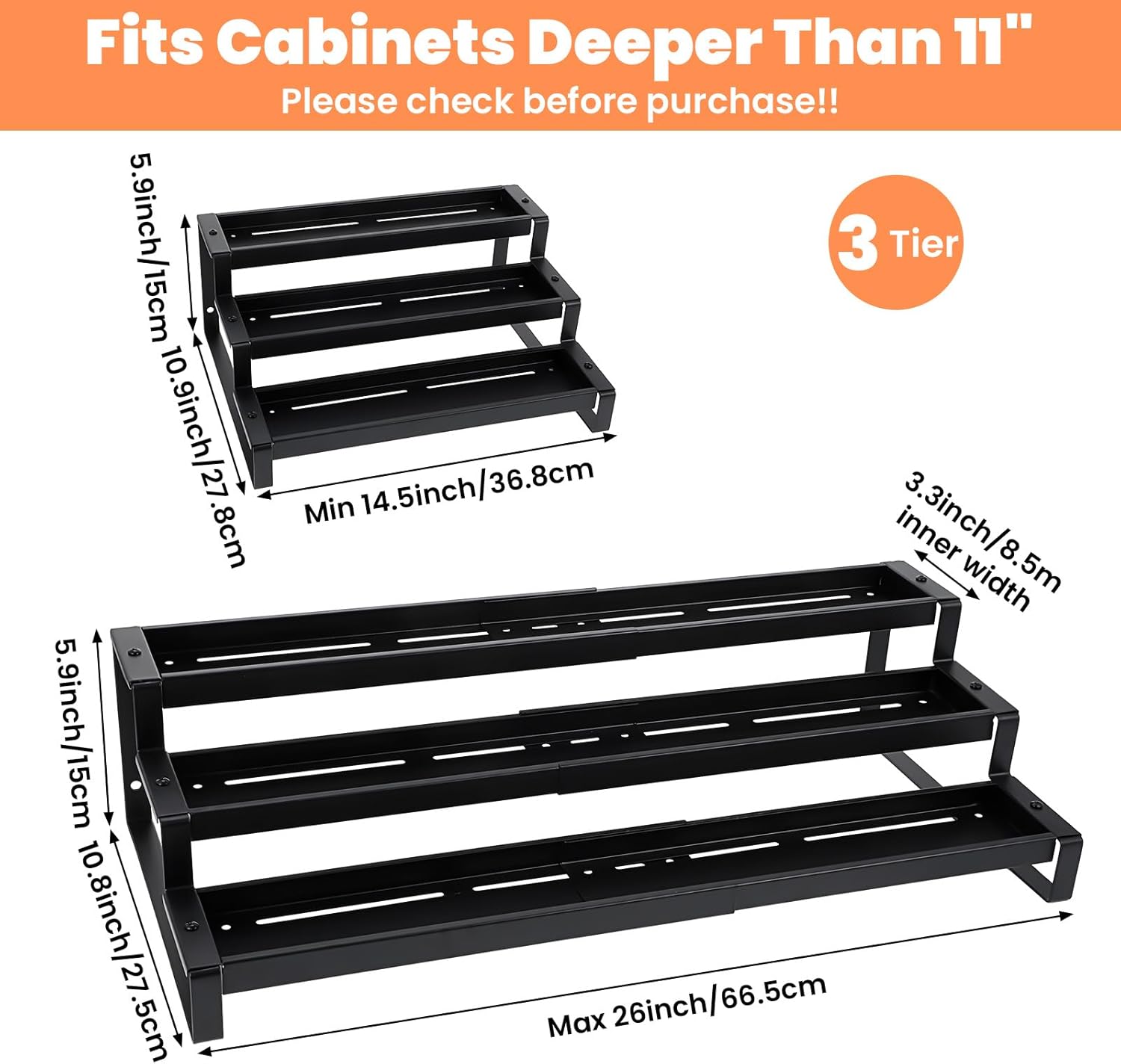 Spice Rack Organizer for Cabinet, Expandable 3 Tiered Spice Rack, Metal Spices Organizer, Display Shelf Organizers for Cabinet, Countertop, Pantry, Cupboard (Black)