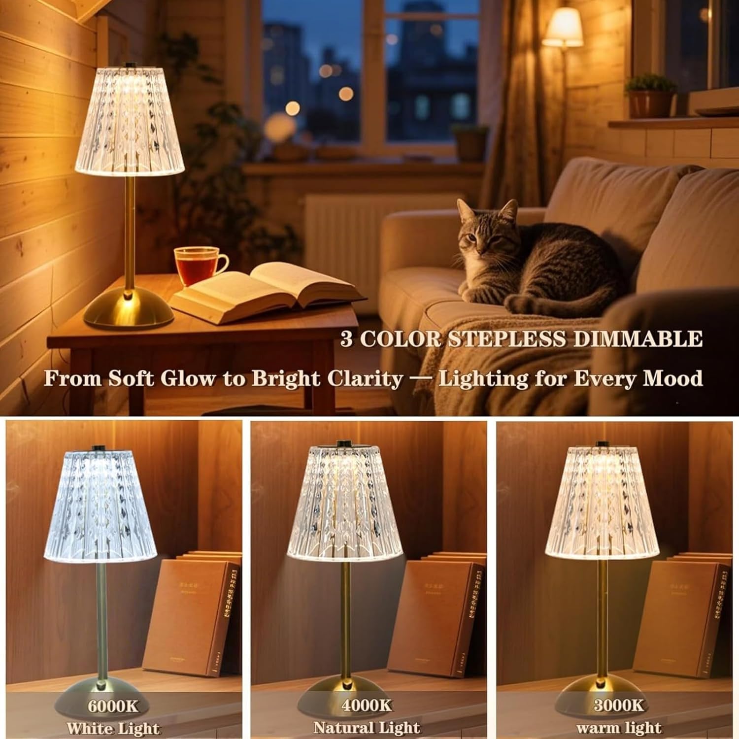 2 Pack Crystal Table Lamp, 5000mAh Rechargeable Battery Lamp with Touch Control, 3 Color Temperatures, Dimmable Brightness, Matte Aluminum Light for Bedroom/Bar/Kitchen/Outdoor, Home Décor