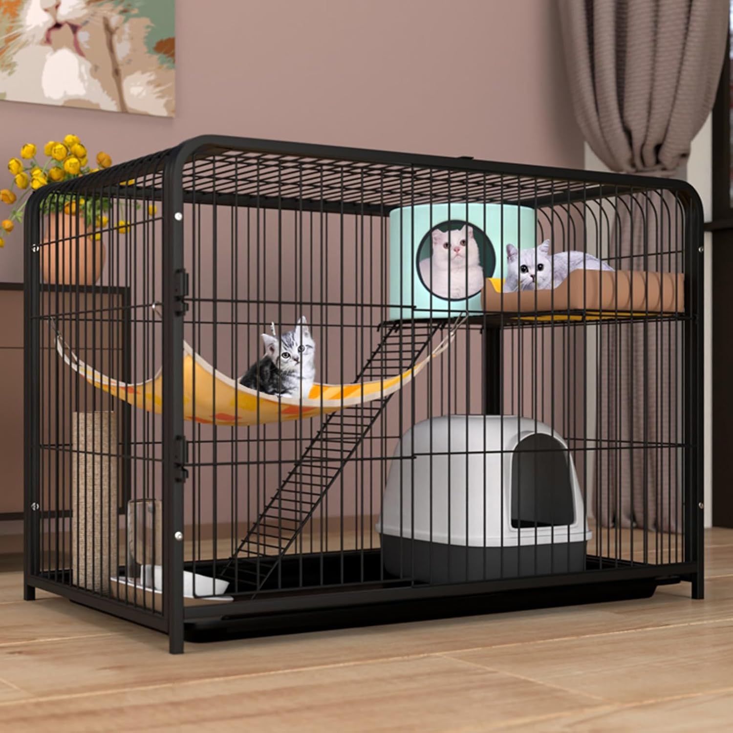 Metal Heavy Cat Cage, 2-Tier Cat Enclosures Large Playpen Large Cat Kennel with Platform & Ladder Indoor Crate Large Exercise Place Ideal for 1-2 Cats (Black 92 * 58 * 66Cm)