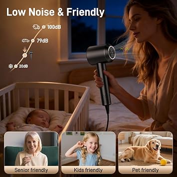 500 Million Negative Ionic Hairdryer with LED Display, 180,000 RPM Hair Dryer with 3 Speed 4 Heat Setting, Blow Dryer with Diffuser & Concentrator, Low Noise & Lightweight Hairdryers for Women Men