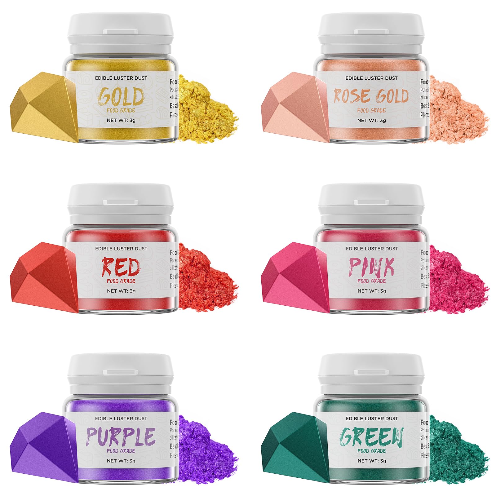 Wwtop Essbarer Glitzer 6 Farben - Glitzerpulver für Getränke, Geschmacksneutrales Lebensmittel Glitzer, Glitzerpuder für Schokolade, Kuchen, Fondant, Cocktails, Drinks, Flüssigkeiten - 3g/Flasche