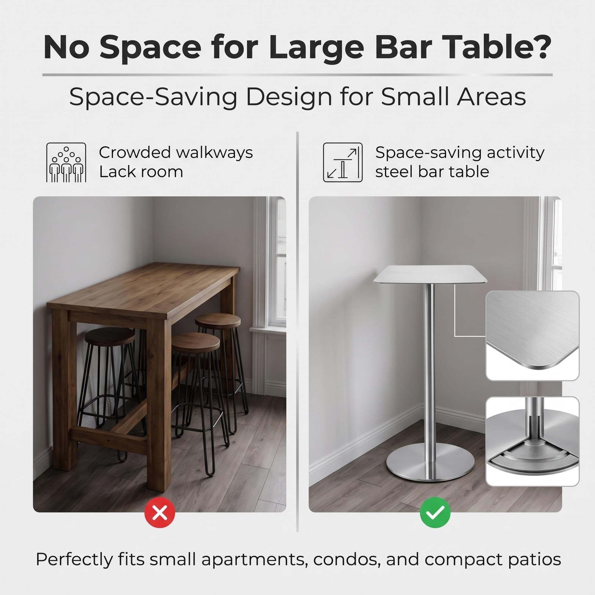 Tavolo da Bar Alto in Acciaio Inox, Tavolino da Bar Rotondo per Cucina | Balcone e Caffè, Tavolo Alto Stabile con Base Rotonda per Casa e Esterni(Square,19.7x41.3in/50x105cm)