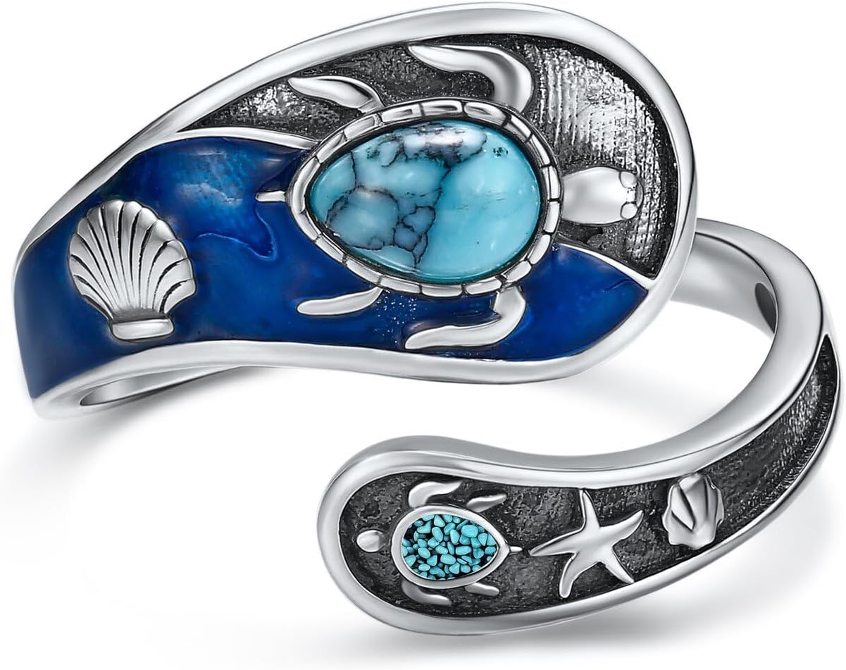 MONGAS Turtle Ring Sterling Silver Created Turquoise Adjustable Spoon Ring Ocean Sea Turtle Jewelry Gifts for Women