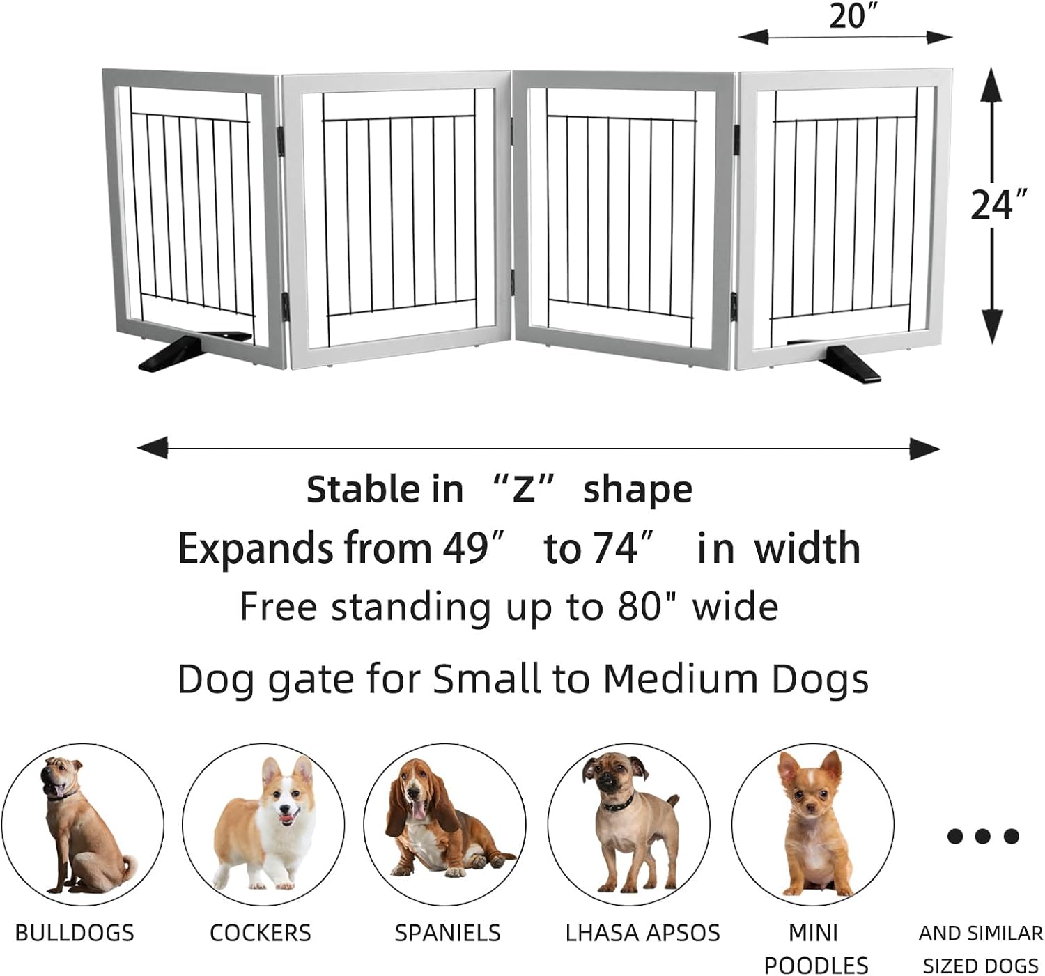Size 24 Freestanding Dog Gate Indoor, Foldable Dog Fence for Doorways,Hallways or Stairs, Sturdy Wood Extra Wide Pet Gate with Support Feet,White,24 Height-4 Panels