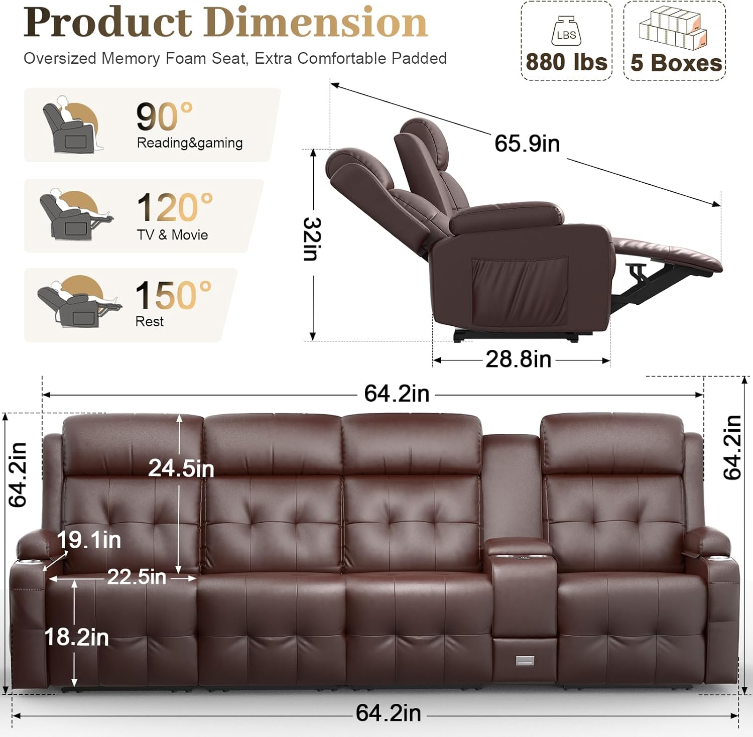 Recliner Sofa, 4 Seater Massage Reclining Loveseat Sofa Sets, 1 Single Power Recliner Chairs Heat & Massage, Heavy Weight Capacity, RV Clearance Love Seat Couch with Console, USB, Type C Port