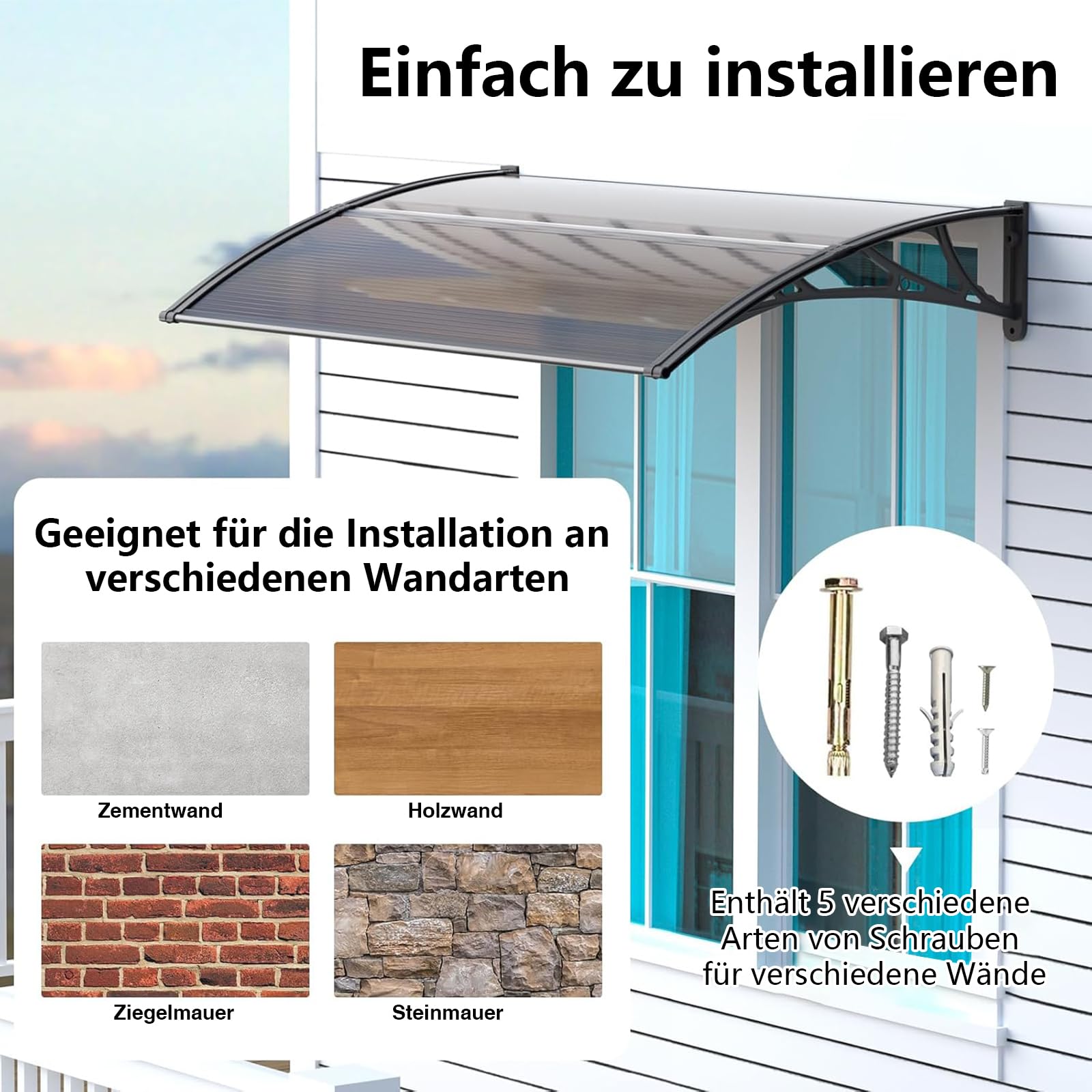 Vordach für Haustür 150x80CM Fenstervordach für Türen, Polycarbonat Pultvordach Überdachung für UV-,Regen- und Schneeschutz – Ideal für Veranda, Terrasse und Fenster