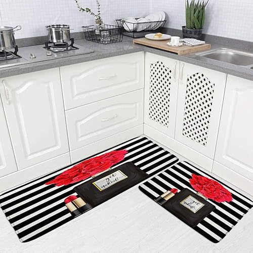 Perfume negro flor moda niña alfombras de cocina abstracto geométrico rayas modernas simples contemporáneas mujer dama lápiz labial cocina fregadero