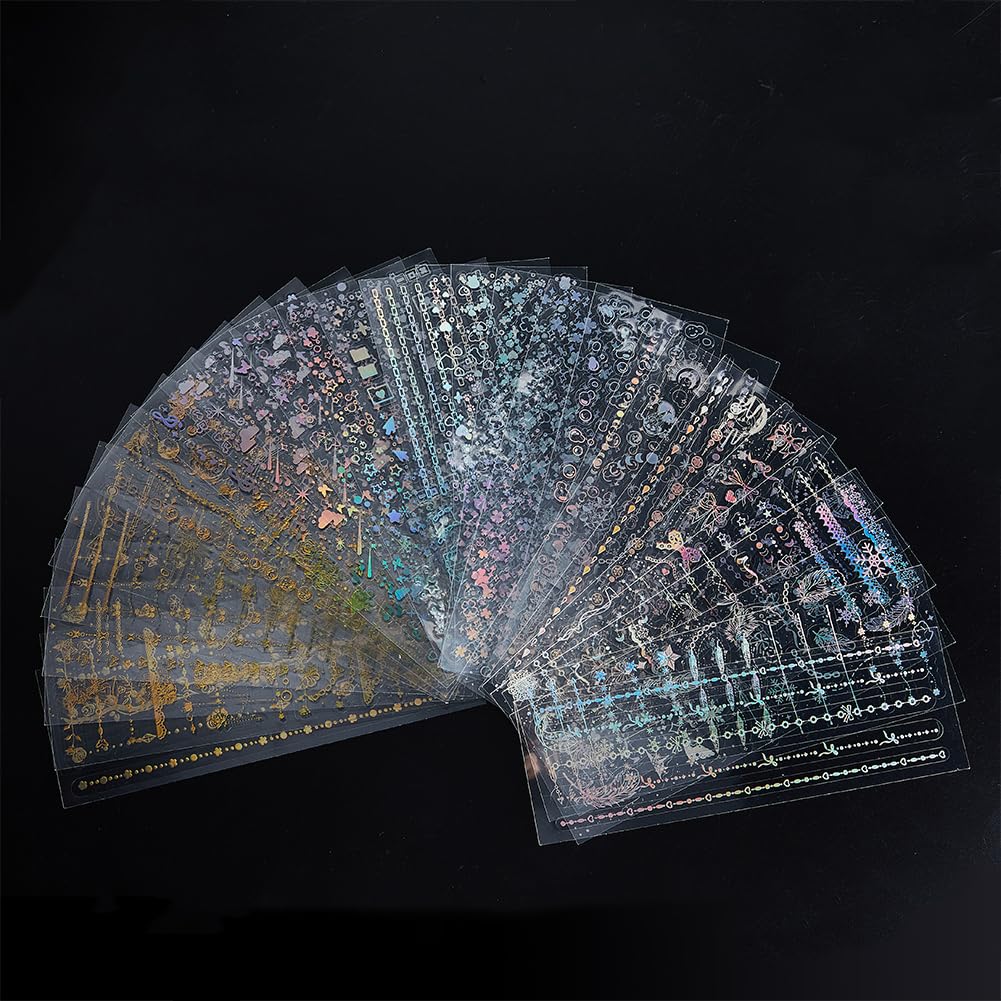 SUPERFINDINGS 30 Sheets Holographic Deco Stickers Laser PET Waterproof Decorative Stickers Self Adhesive Glitter Stickers Butterfly Star Moon Decals for Album Scrapbook DIY Decoration