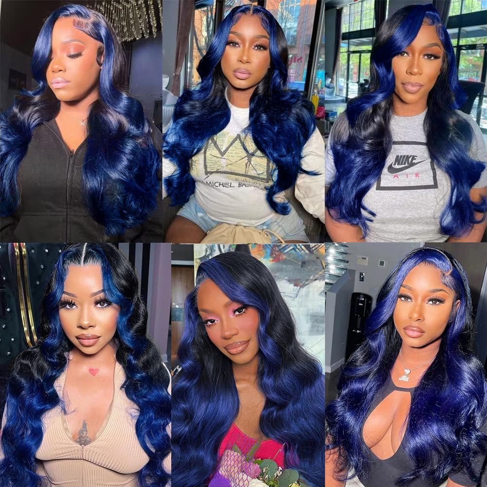 YMS Ombre Blue Lace Front Wigs Human Hair 180% Density Dark Blue Human Hair Wigs for Women Skunk Stripe Glueless Wigs Human Hair Pre Plucked 20 Inch Body Wave Colored Lace Frontal Wig With Baby Hair