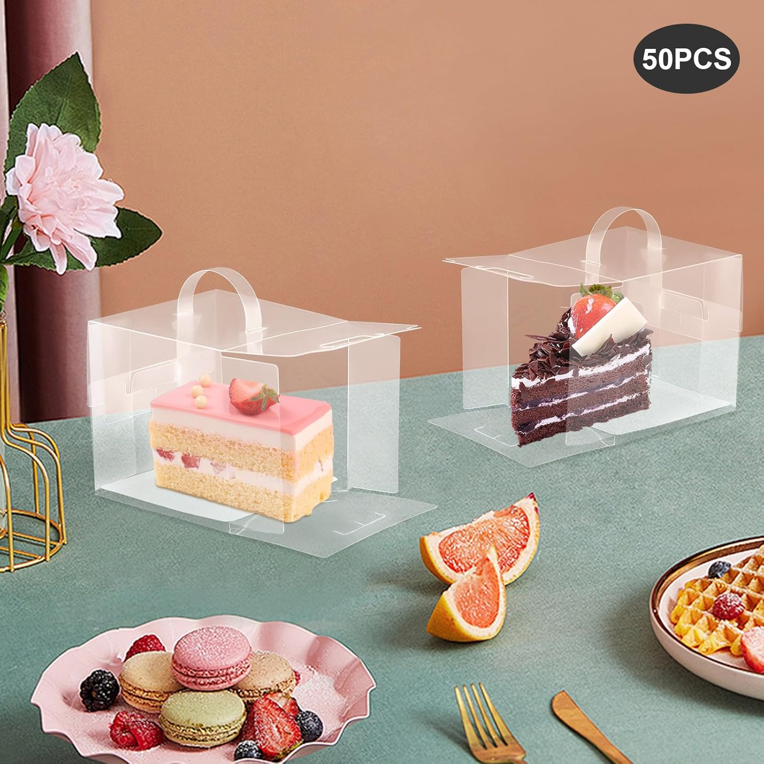 50Pcs Clear Cake Boxes, Mini Cupcake Boxes Cake Carrier Box with Lid and Handle Square Dessert Boxes 50 Sets Square Clear Cake Boxes for Birthday Wedding Home Party Hotel (4.33*4.33*4.33in)