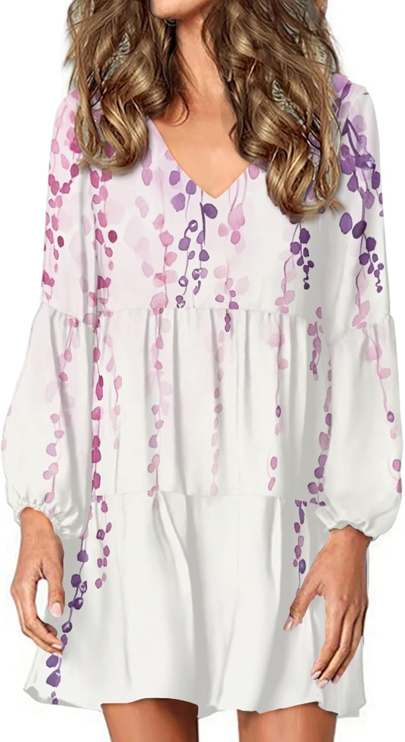 Women 2025 Floral Print Puff Long Sleeve V Neck Smocked Midi Casual Dress Empire Waist Tiered Swing Flowy Dress