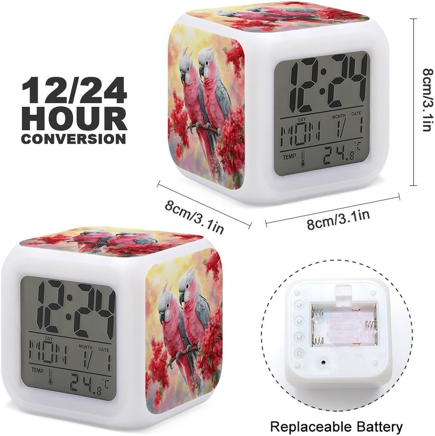 Night Light Alarm Clock, 7 Color Changing, Two Pink Cockatoos image 3