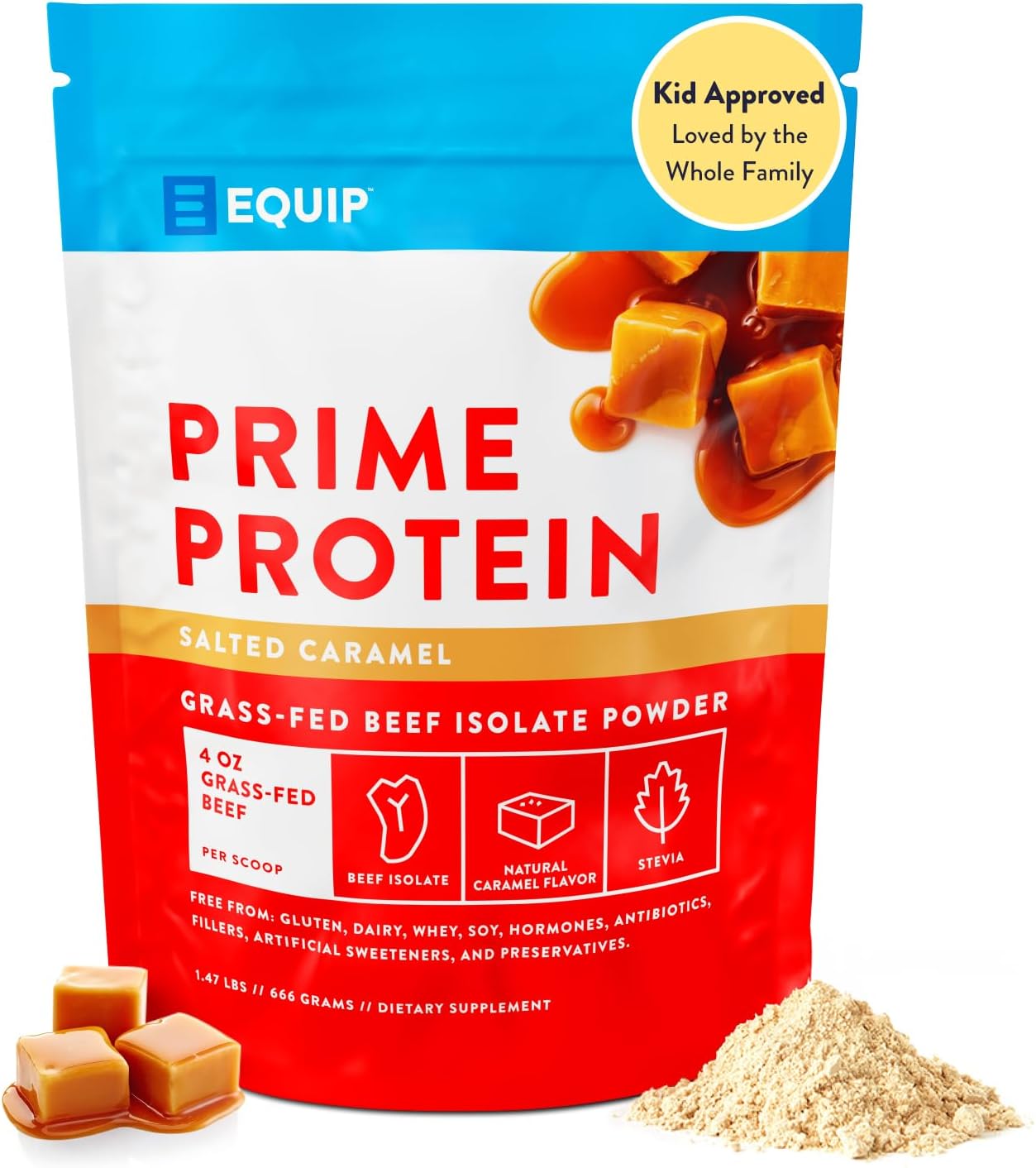 Equip Foods Prime Protein - Grass Fed Beef Protein Powder Isolate - Paleo and Keto Friendly, Gluten Free Carnivore Protein Powder - Salted Caramel, 1.47 Pounds - Helps Build and Repair Tissue