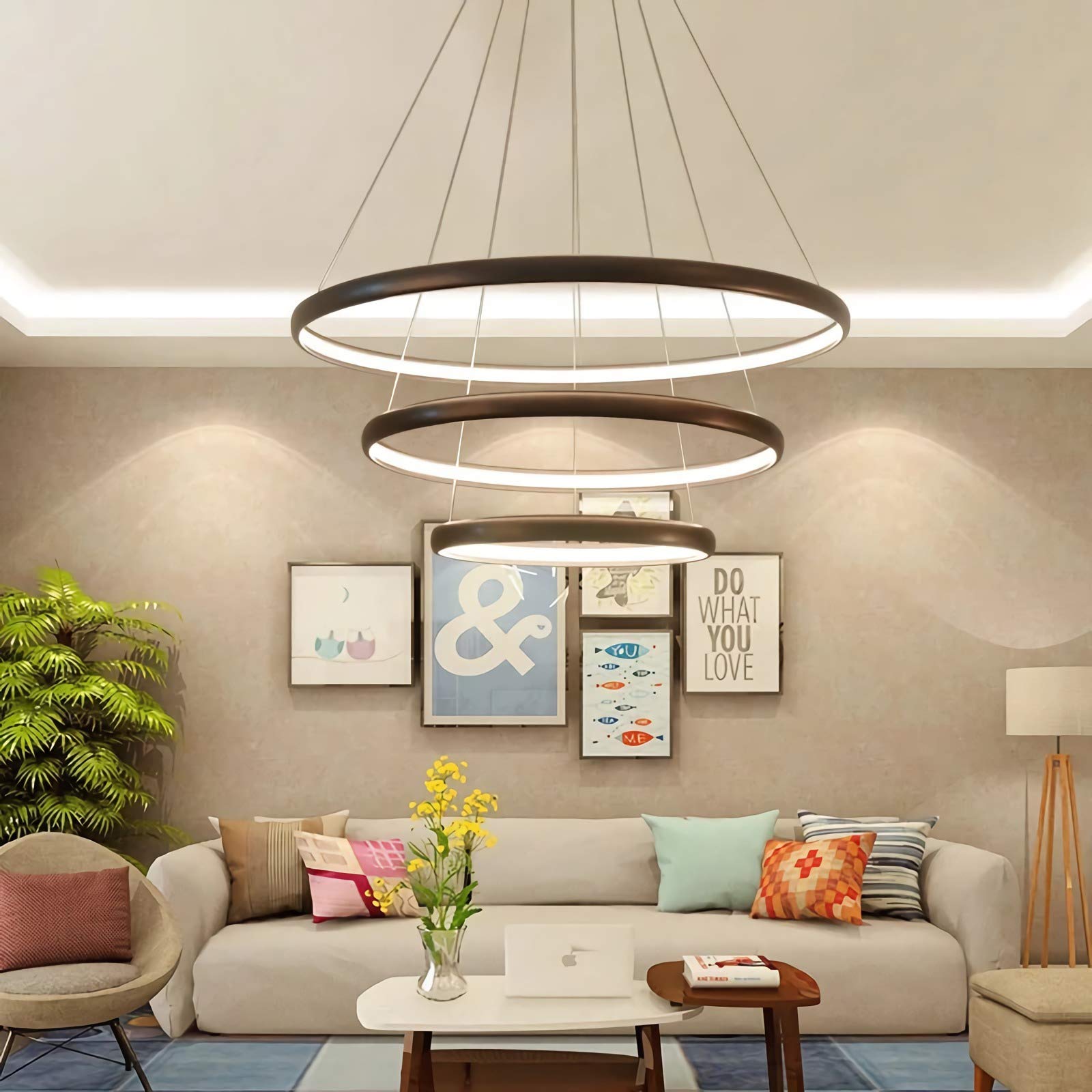 Lampa wisząca LED z pilotem, nowoczesna lampa wisząca z 3 pierścieniami, lampa sufitowa z możliwością przyciemniania z regulacją wysokości do sypialni, salonu, jadalni, biura, 30 + 50 + 70 cm