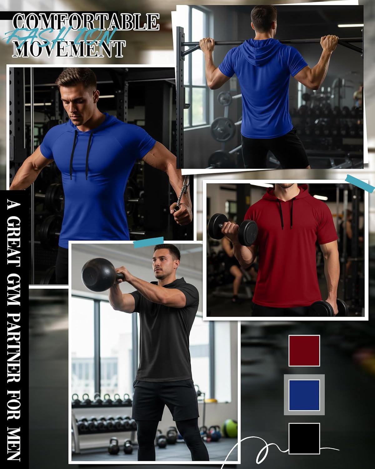 Ficerd 3 Pack Big and Tall Men's Hoodie Short Sleeve Workout T Shirts Casual Running Athletic Pullover Sweatshirt - Image 2