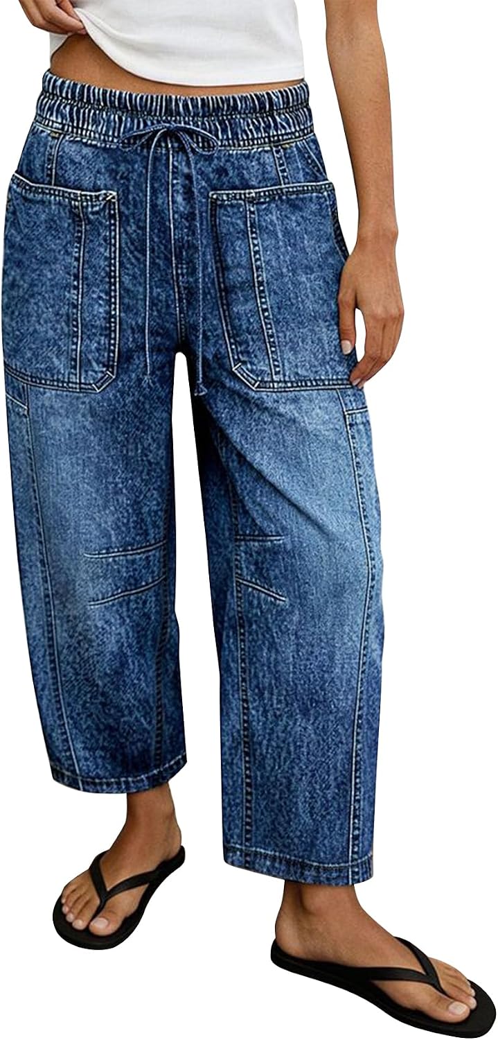 Flamingals Barrel Leg Jeans for Women High Waist Drawstring Patch Pocket High Stretch Denim Pants