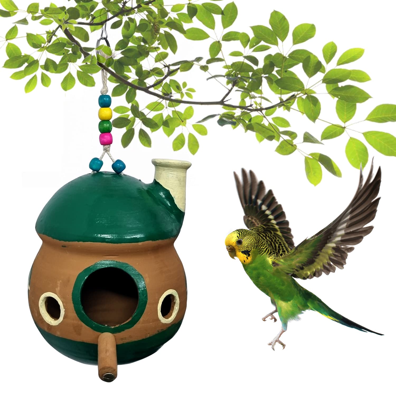 Jainsons Pet Products Handmade Earthenware Bird Nest Bird House Breeding House for Sparrow, Budgies and Finches Eco Friendly for Garden Balcony Hanging
