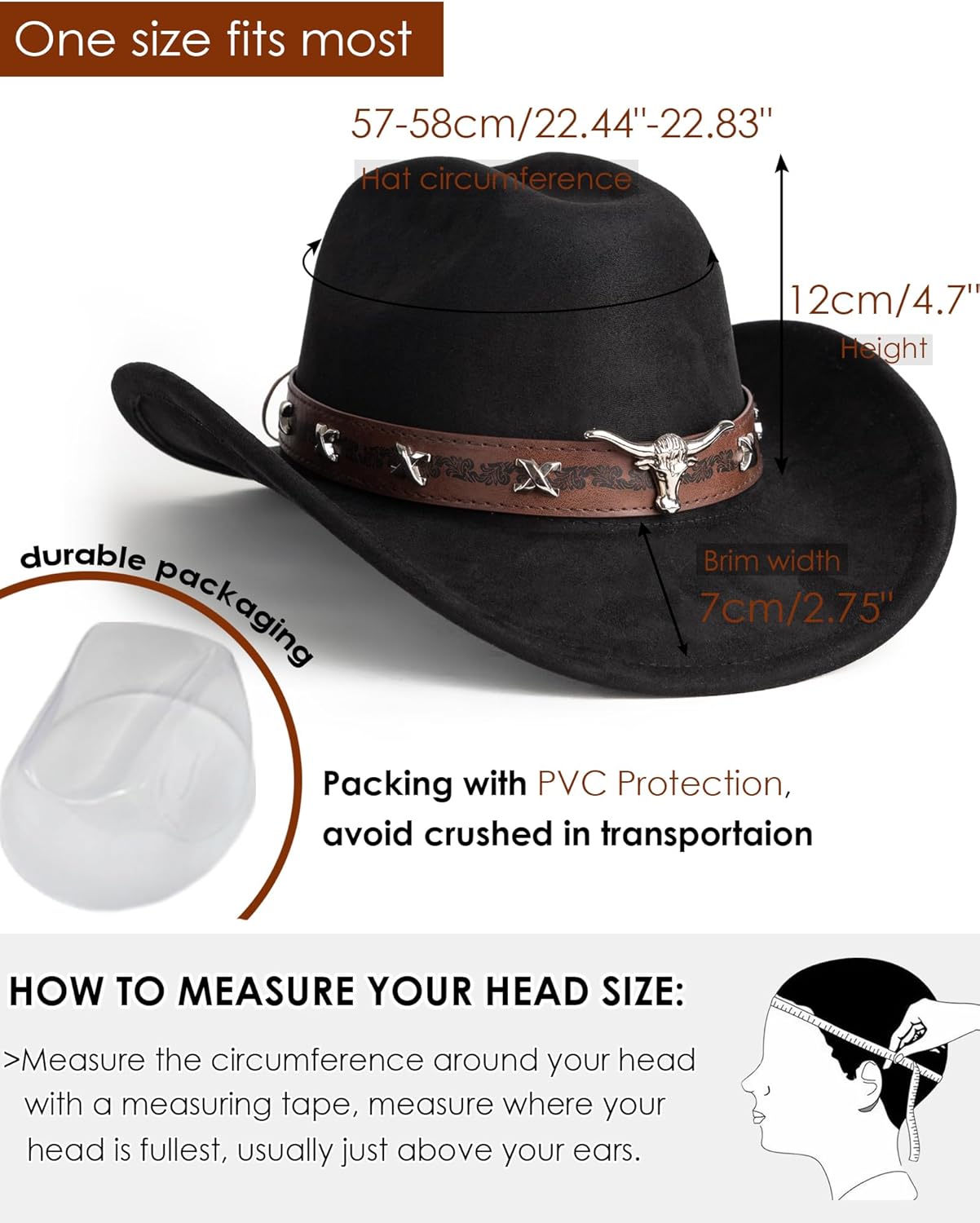 Gossifan Western Cowboy Hat for Men Women Wide Brim Suede Cattleman Cowgril Hats - Image 3