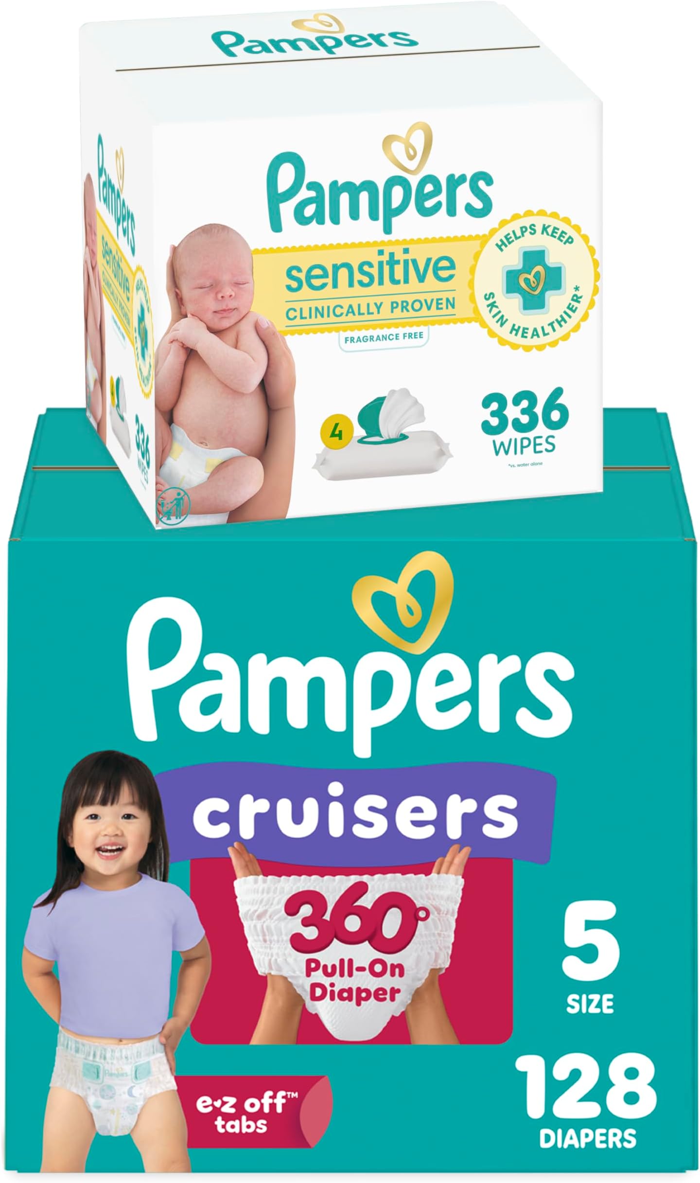 Diapers Size 5, 128 Count and Baby Wipes - Pampers Pull On Cruisers 360° Fit Baby Diapers with Stretchy Waistband, ONE MONTH SUPPLY with Sensitive Wipes, 6X Pop-Tops, 336 Count (Packaging May Vary)