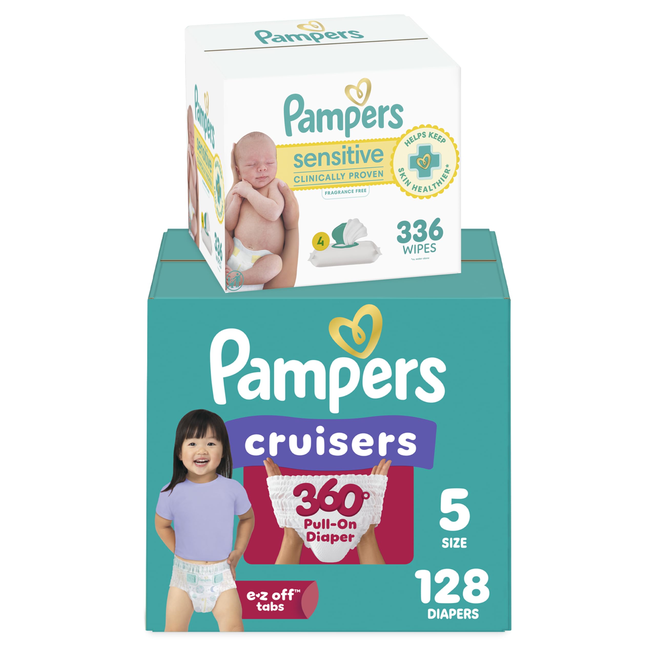 Diapers Size 5, 128 Count and Baby Wipes - Pampers Pull On Cruisers 360° Fit Baby Diapers with Stretchy Waistband, ONE MONTH SUPPLY with Sensitive Wipes, 6X Pop-Tops, 336 Count (Packaging May Vary)