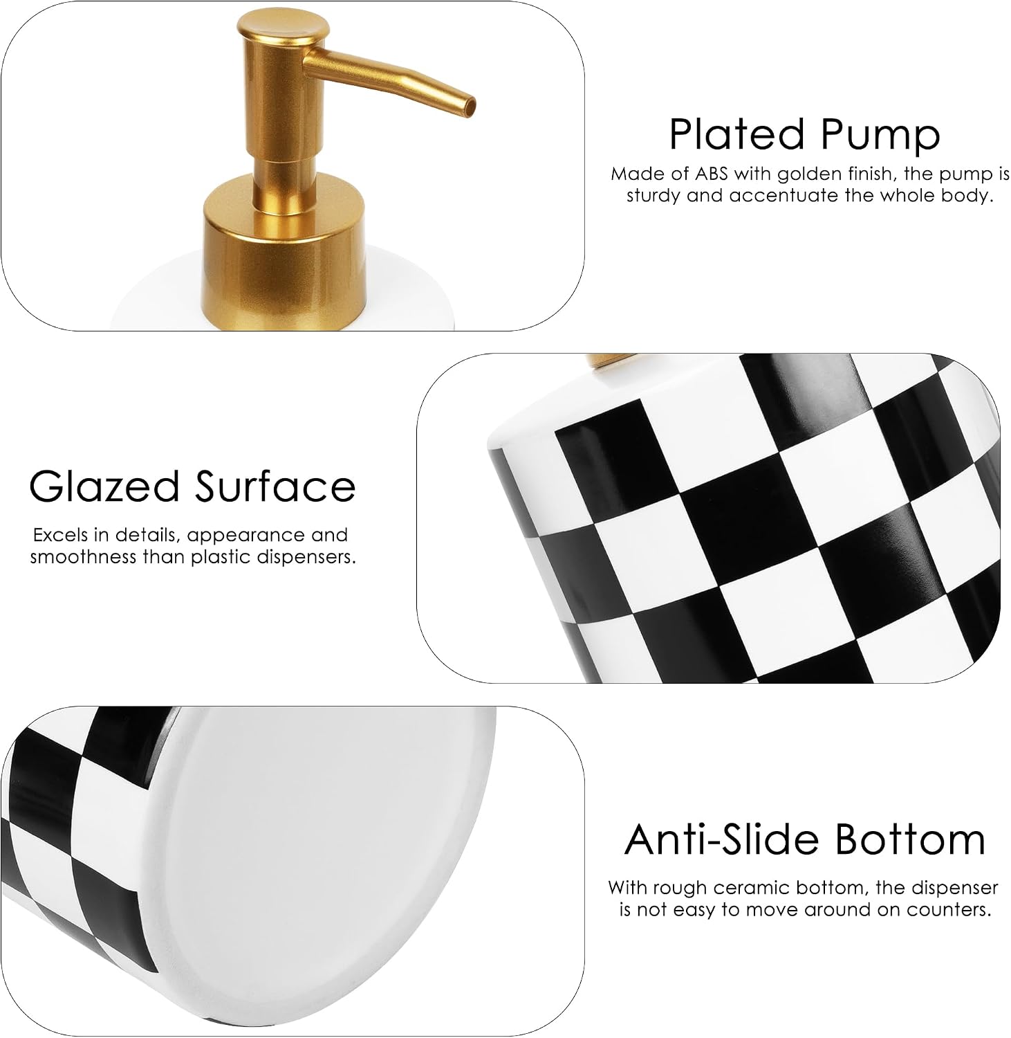 2 Pack Ceramic Soap Dispenser, 10oz Checkerboard Bottle Set, Gold Pump