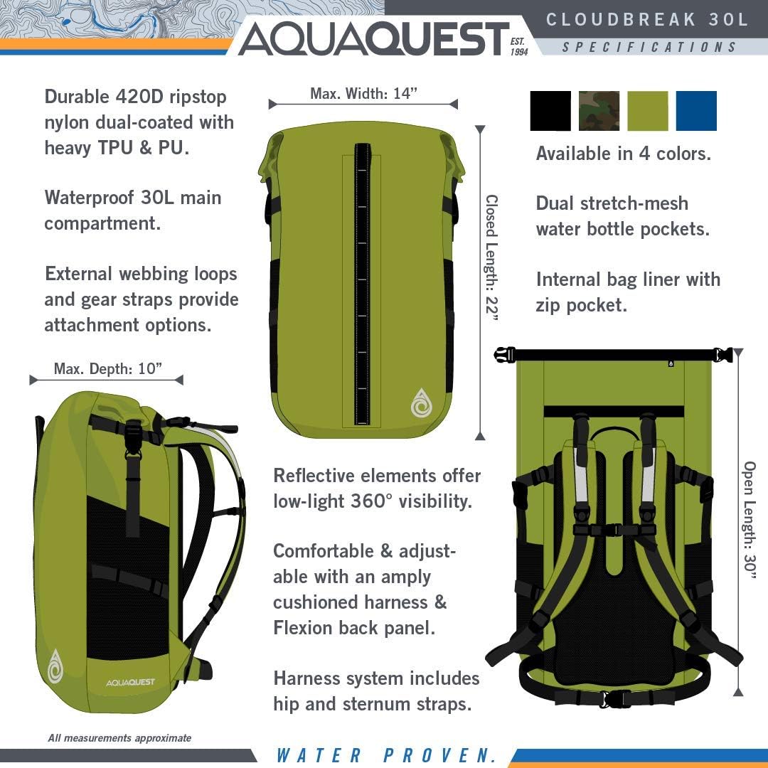 AquaQuest Cloudbreak Waterproof Backpack - Large 30L DryBag Daypack Great for Outdoors, Travel in All Weather