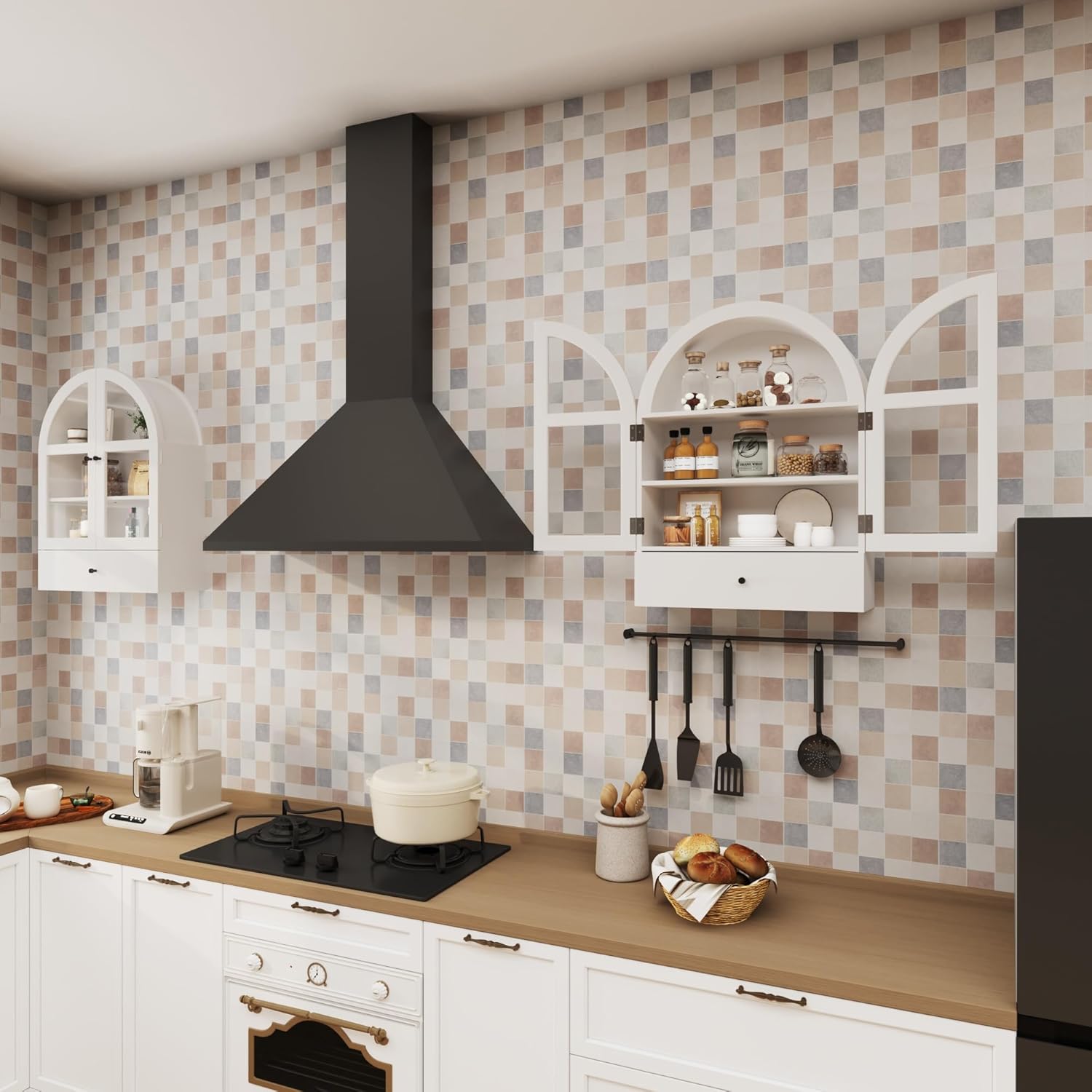 BLANKSPACE Bathroom Arched Wall Cabinet with Drawer, Over The Toilet Organizer for Bathroom White Storage Cabinet with Glass Door and Soft Closing