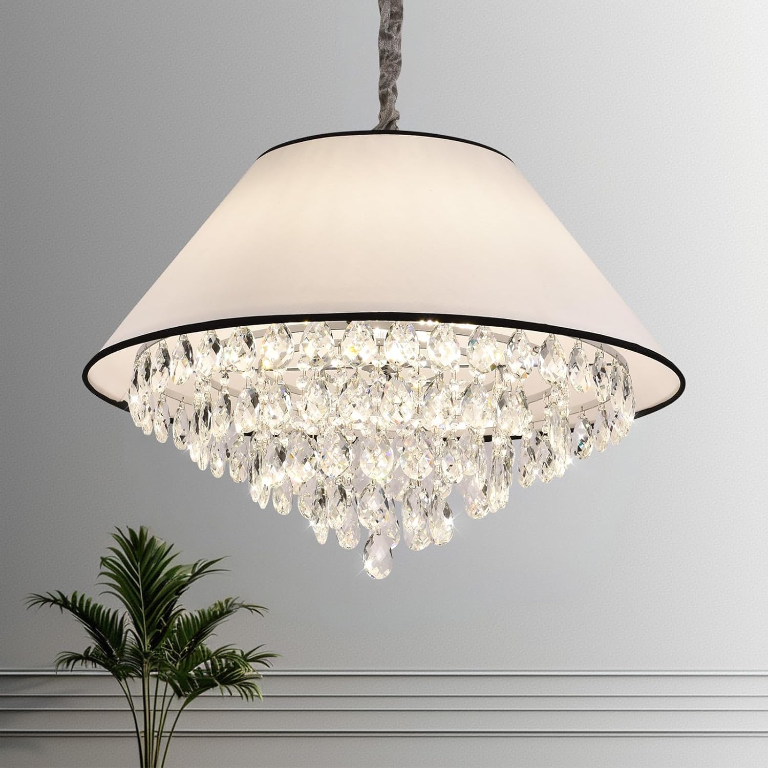 Crystal Pendant Lamp Round Linen Chandelier, Adjustable Height,E12 Bulb, Living Room, Foyer, Bedroom, Kitchen Island Lighting Fixture, Contemporary Style Elegant Lighting (10/580white+Black)