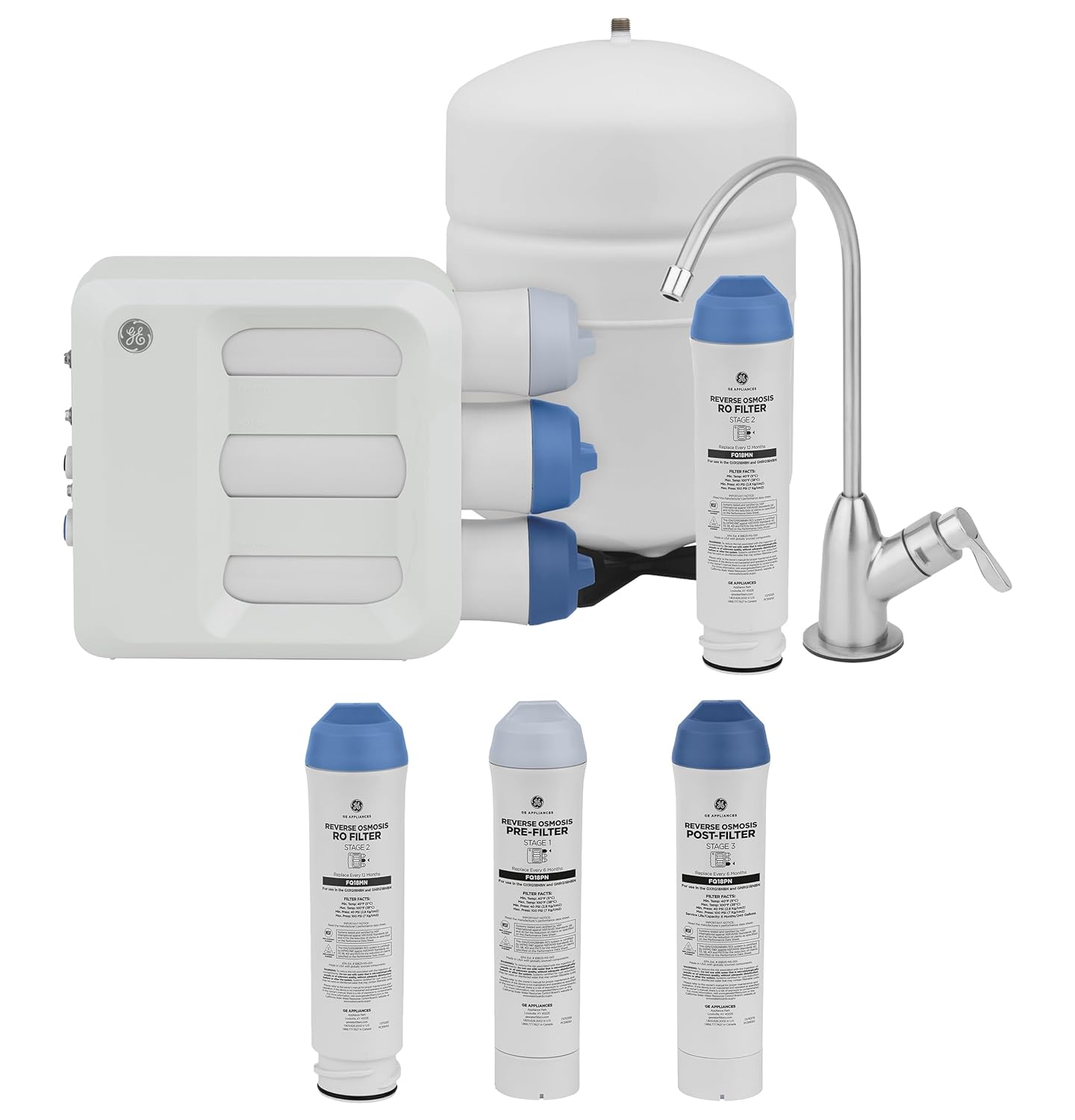 GE 3 Stage Reverse Osmosis Under Sink Water Filtration System with Faucet & Filters | Reduces 95+ Impurities Including Lead, Chlorine, Arsenic |GXRQ18NBN, FQ18PN, FQ18MN