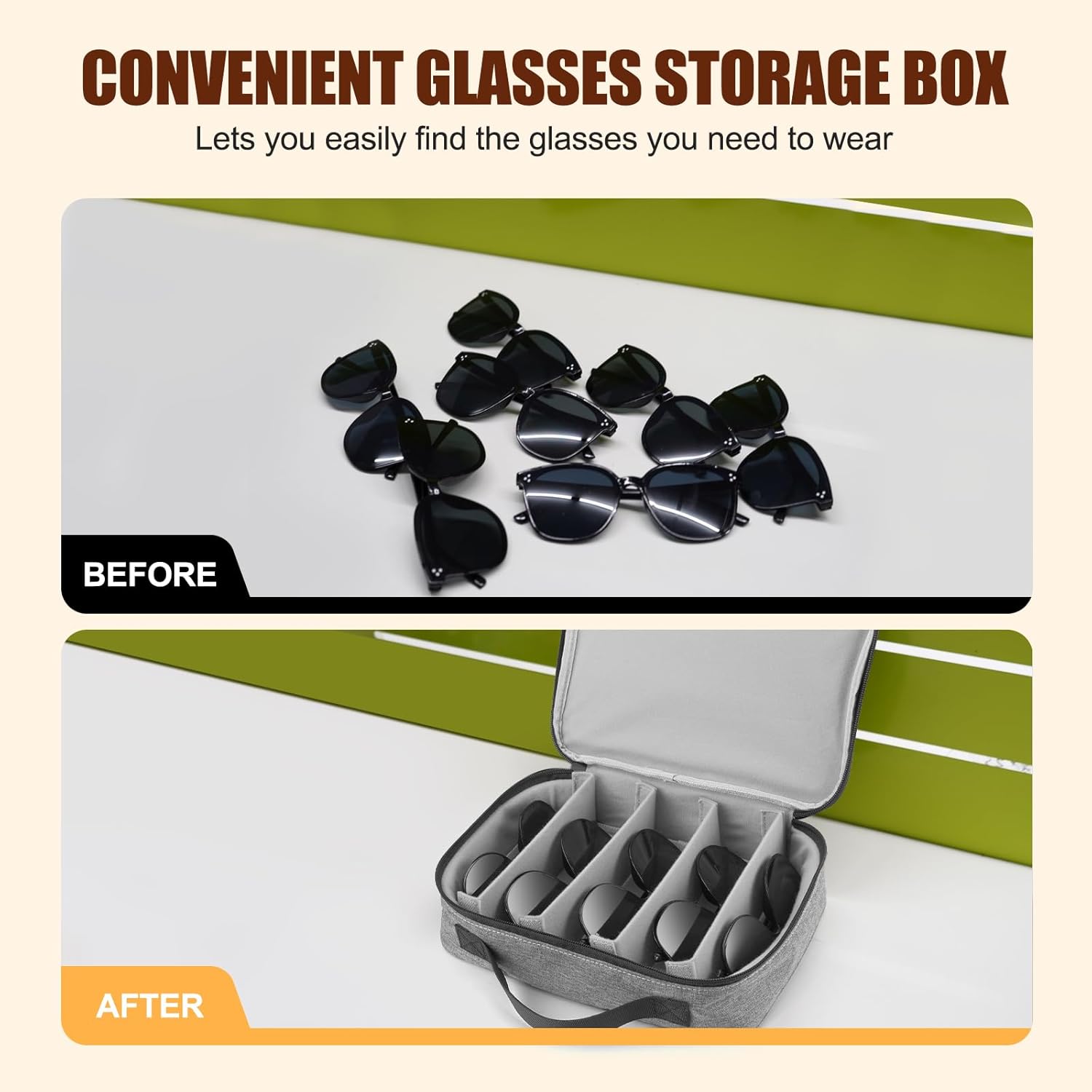 Sunglasses Travel Organizer Case for Multiple Pairs, 8 Adjustable Slots Eyeglasses Glasses Organizer Case with Soft Sunglasses Bag Pouch, Portable Sunglass Storage Box for Men and Women - Grey - Image 4