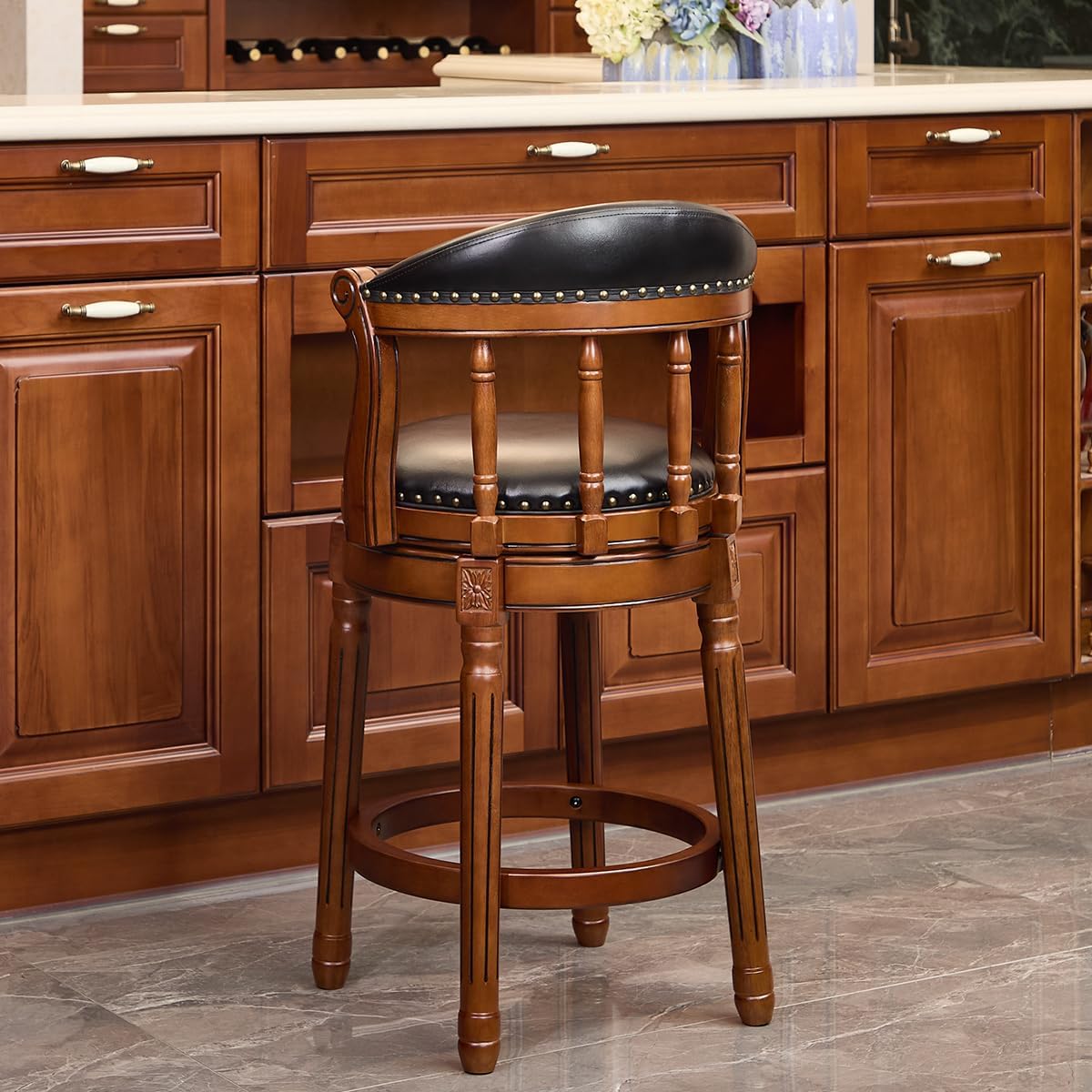 Cow top Leather Wooden Bar Stools, 26" Seat Counter Height Bar Chair with Back, 180 Degrees Swivel Bar Stools Chair for Home Kitchen Counter,Restaurant,1pc (Black-1pc, Counter Seat height 26in)