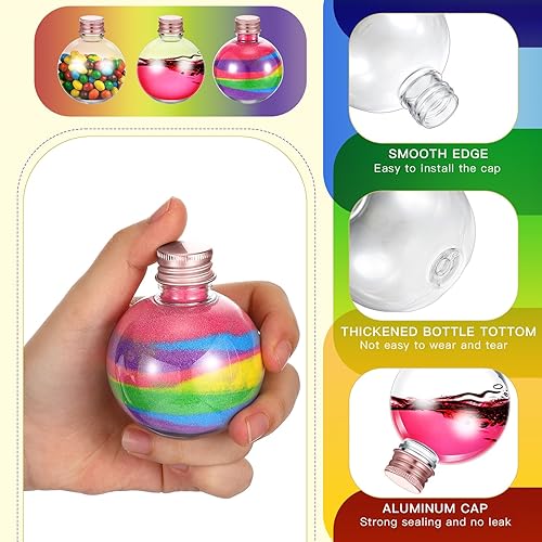 Miniatura 9 de 24 botellas esféricas de plástico con forma de bola, botellas redondas de arena de 3.4 onzas con 5 embudos, botella decorativa para dulces para San