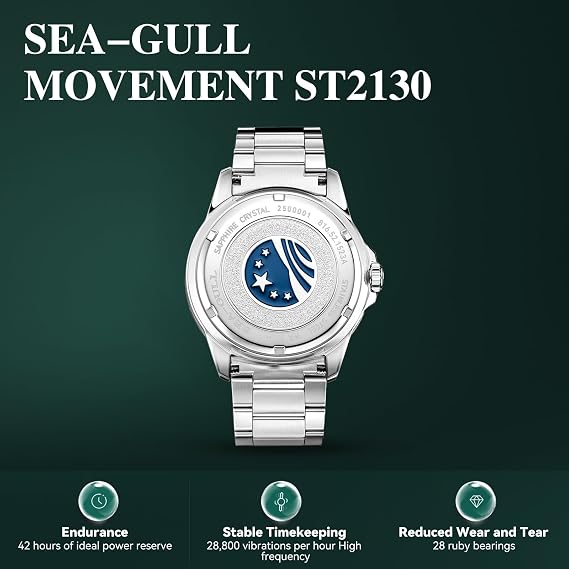 SEA-GULL Men's Automatic Mechanical Diving Watch, Stainless Steel Waterproof Business Dress Luminous Calendar Wrist Watches,44mm,Ocean Series