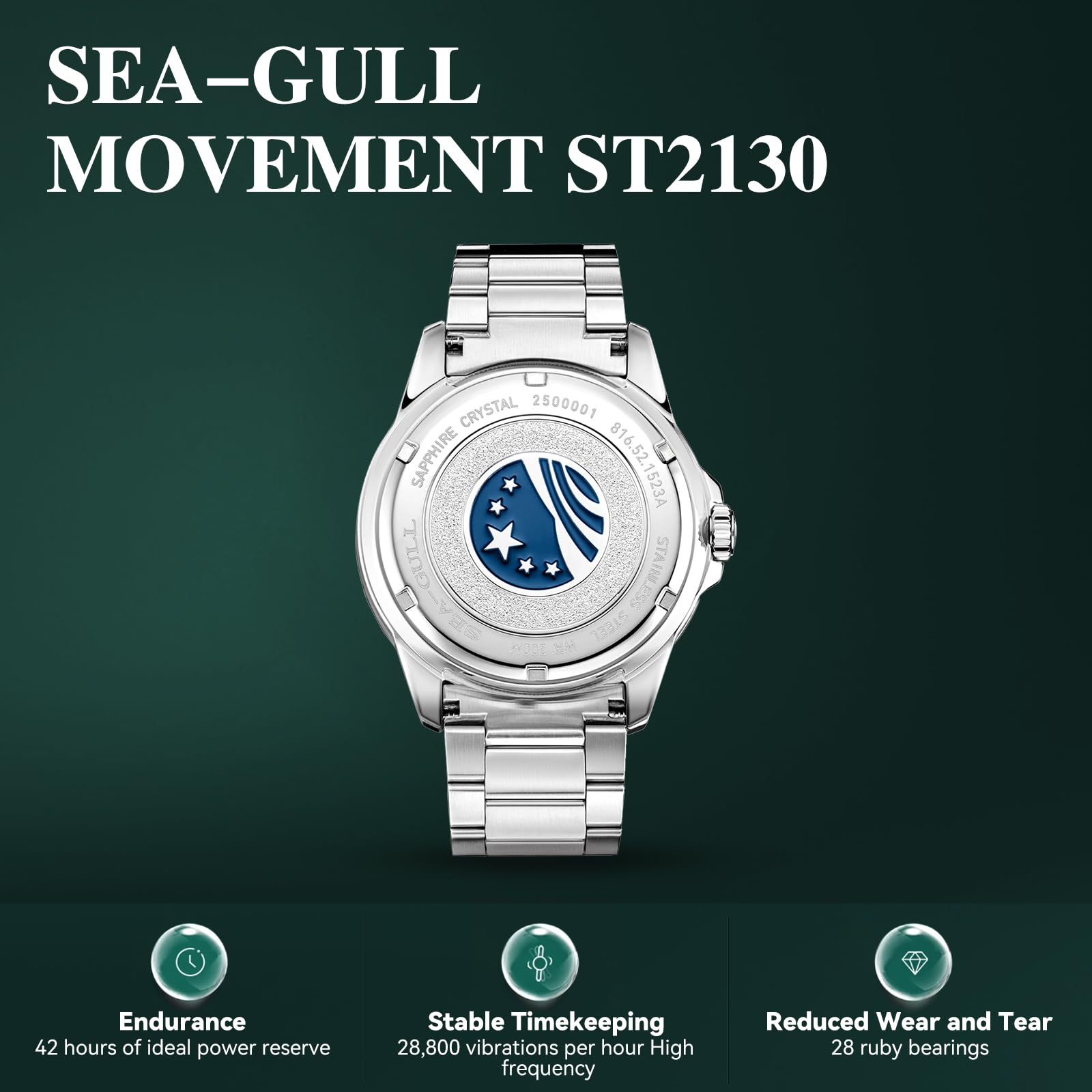 SEA-GULL Seagull 816.523 - Reloj automático para hombre, correa de acero inoxidable, resistente al agua, mecánico, con calendario, luminoso, para negocios, casual, buceo, para hombre