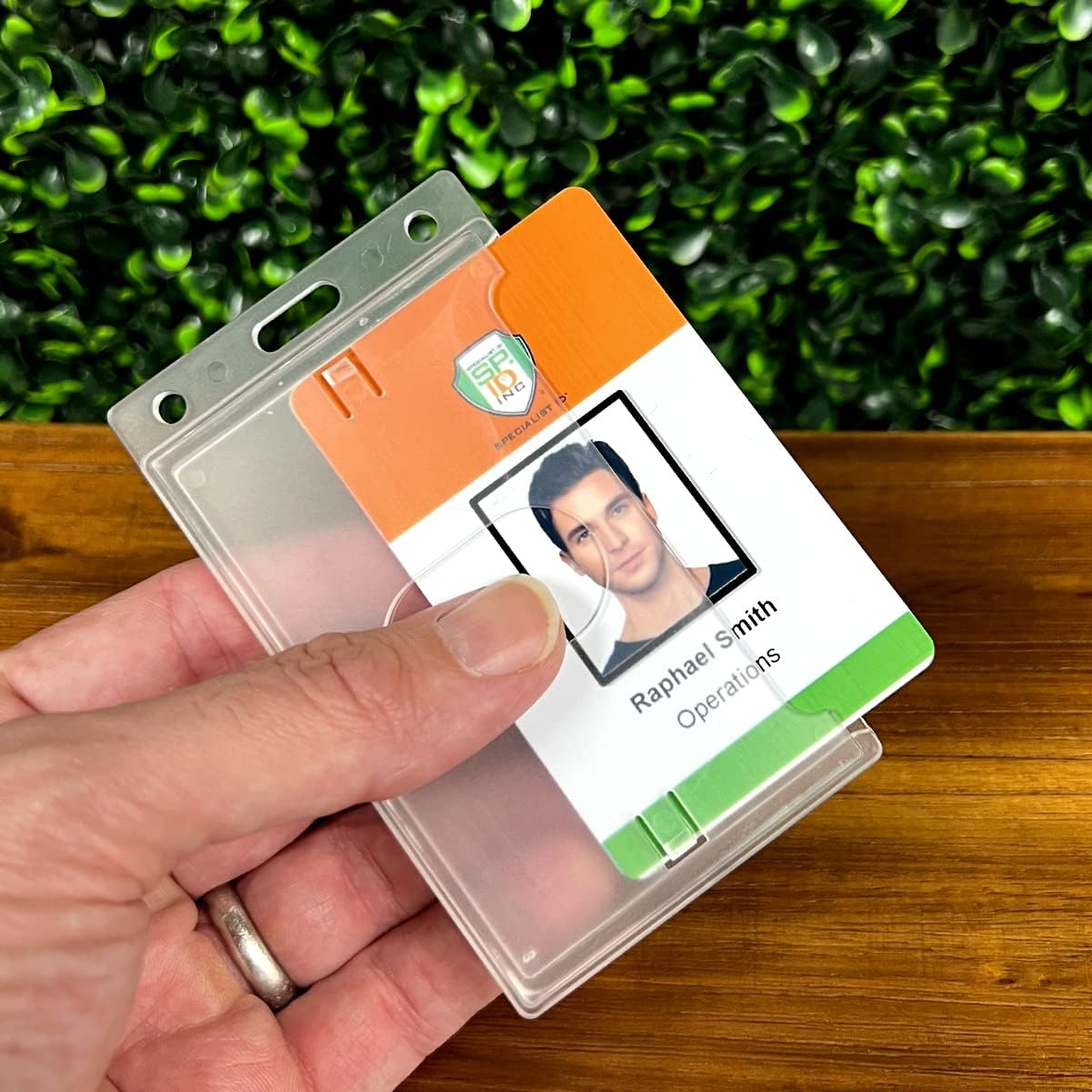 Bulk 50 Pack - Hard Plastic Badge Holder with Thumb Notch Slide Removal - Vertical Side Load - Clear Frosted Rigid Plastic - Holds One Standard Credit Card Sized Name Badge by Specialist ID
