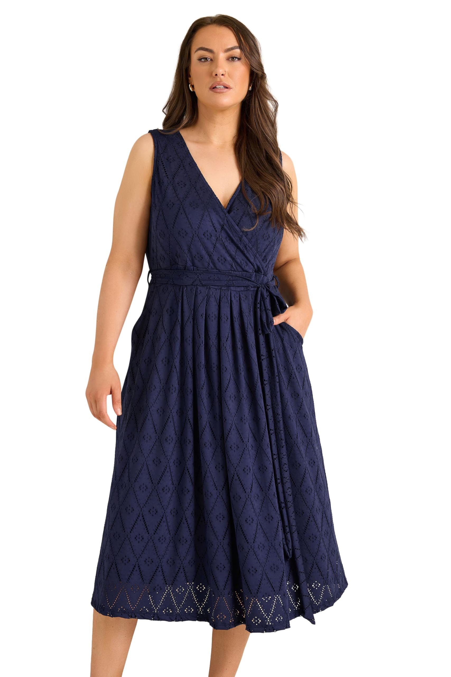 Evans Women's Navy Curve Blue Broderie Wrap Midi Dress - Plus Size Curve