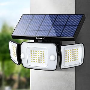 Intelamp Solar Motion Sensor Lights Outdoor, 3-Head LED Security Flood Light, 6000mAh 1200LM Dual PIR, IP65 Waterproof, Adjustable Solar Wall Light for Garage Yard Driveway Patio