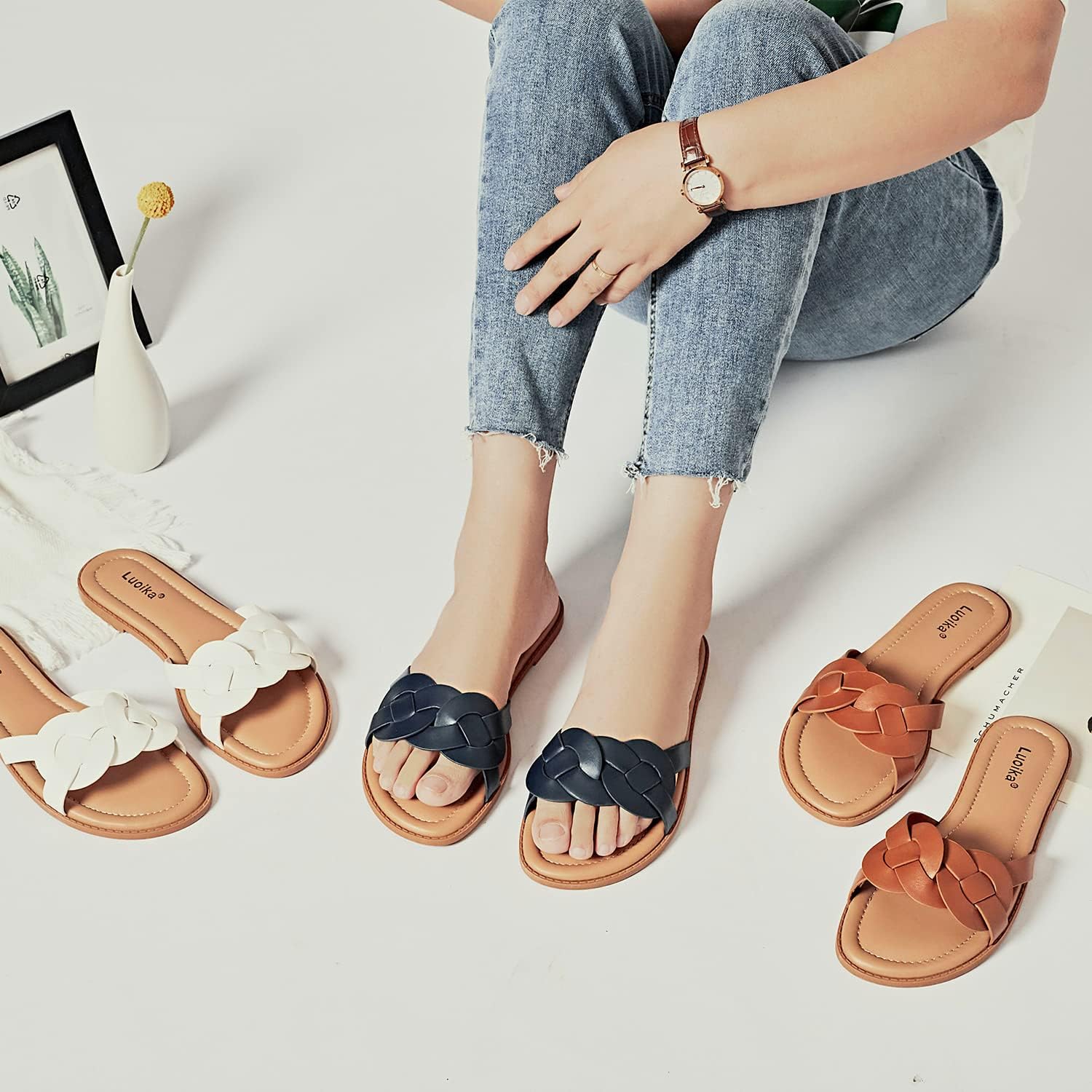 Luoika Women's Wide Width Flat Slides Sandals, Casual Comfortable Summer Beach Shoes Slip on Slide Sandal for Women. - Image 9